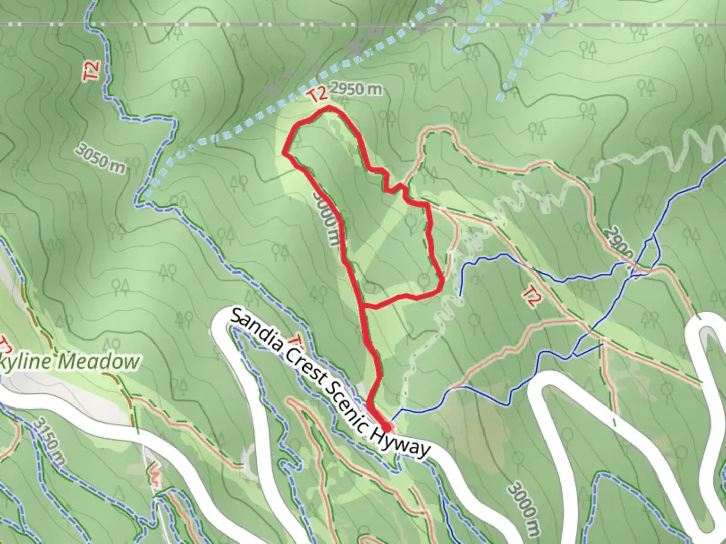 An image depicting the trail Sandia Crest Scenic Hyway Loop and its surrounding area.