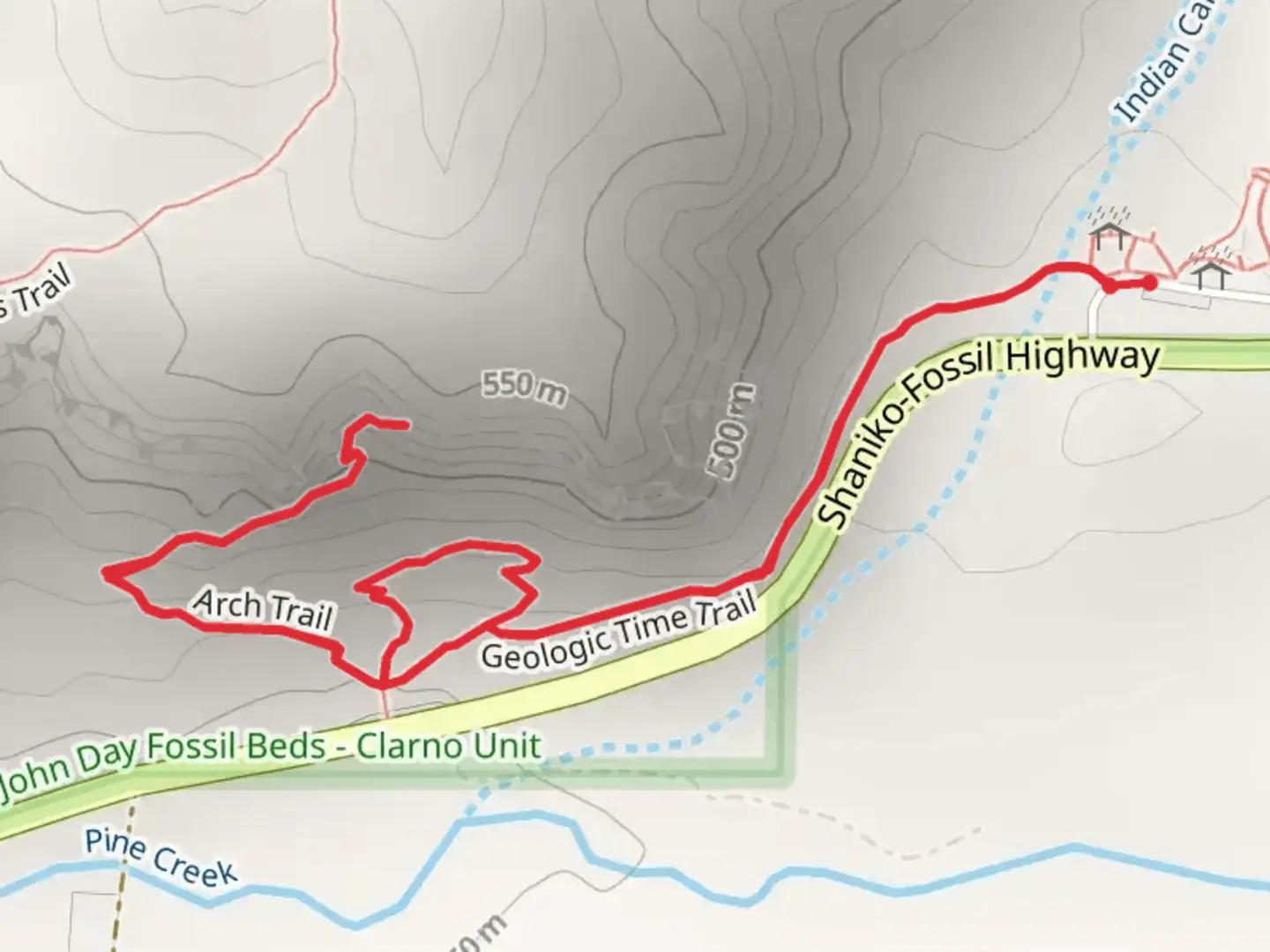An image depicting the trail Geologic Time Trail, Arch Trail and Trail of the Fossils and its surrounding area.
