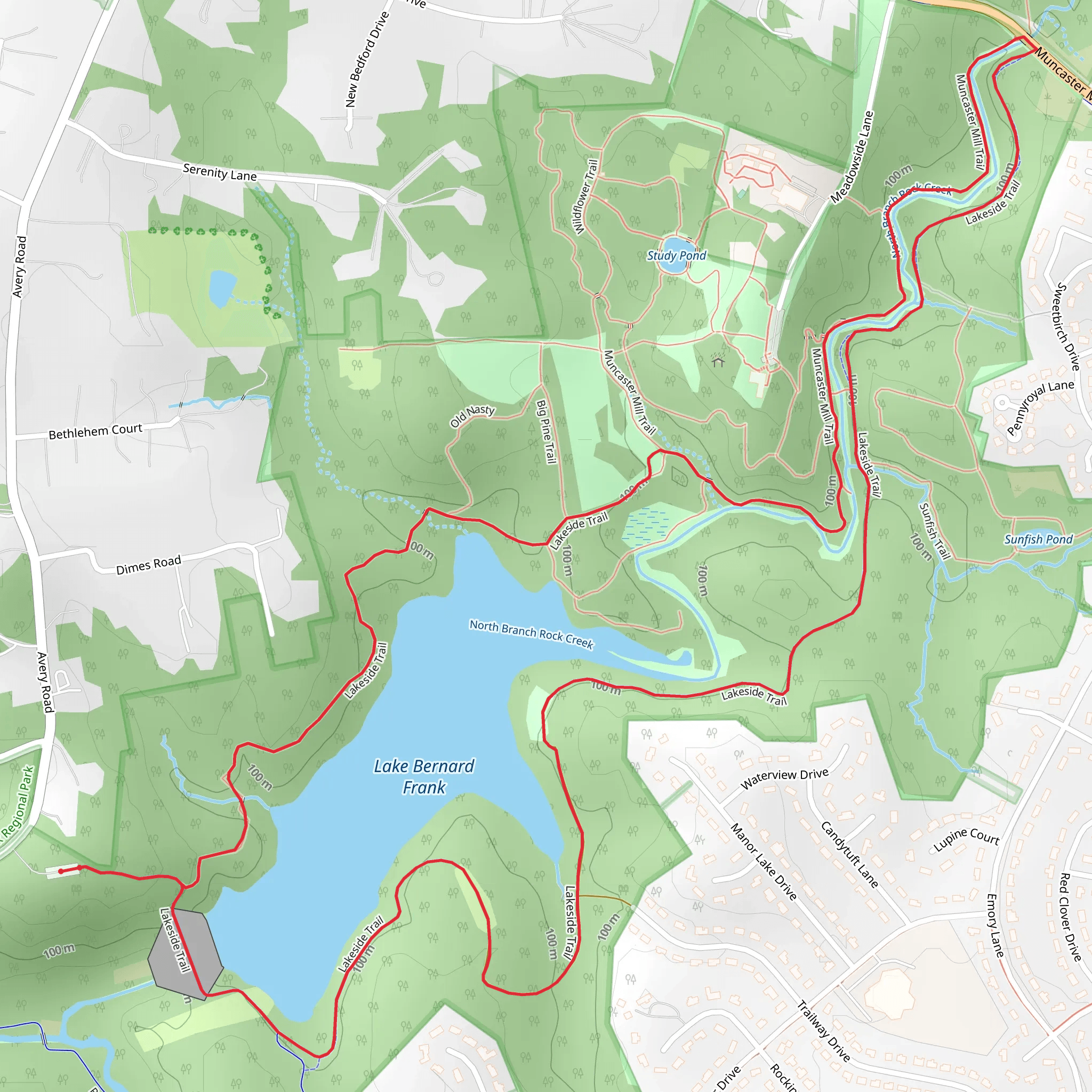 Lake Bernard Frank via Lakeside Trail and Muncaster Mill Trail Loop mobile static map