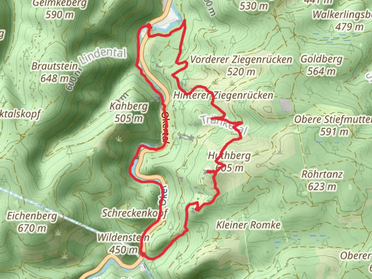 An image depicting the trail Adlerklippe Aussichtsturm, Ausgleichsbecken Kraftwerk, Romkerhaller Wasserfall and Huthberg Loop and its surrounding area.