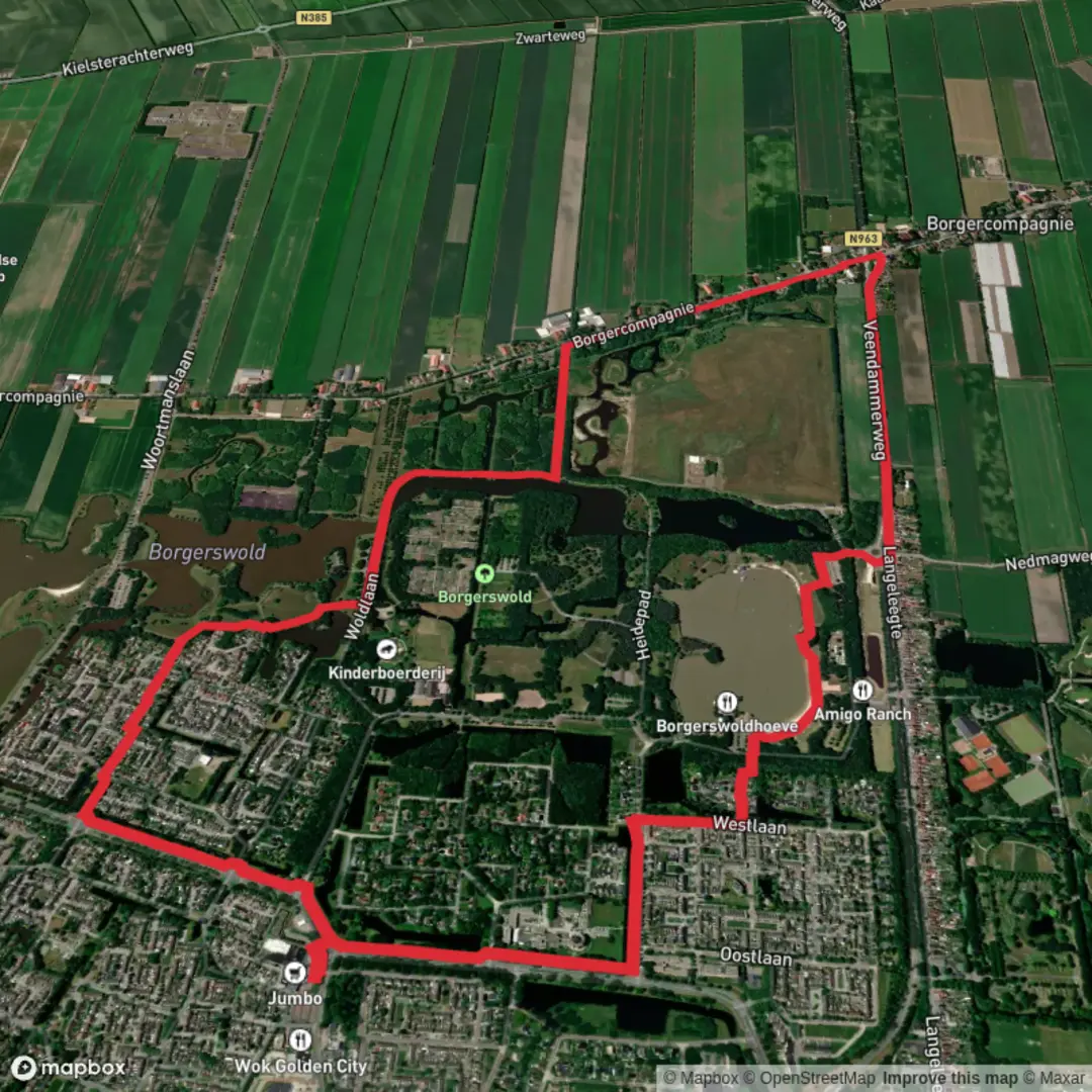 An image depicting the trail De Borgerswoldhoeve and Rivierenbuurt Loop and its surrounding area.