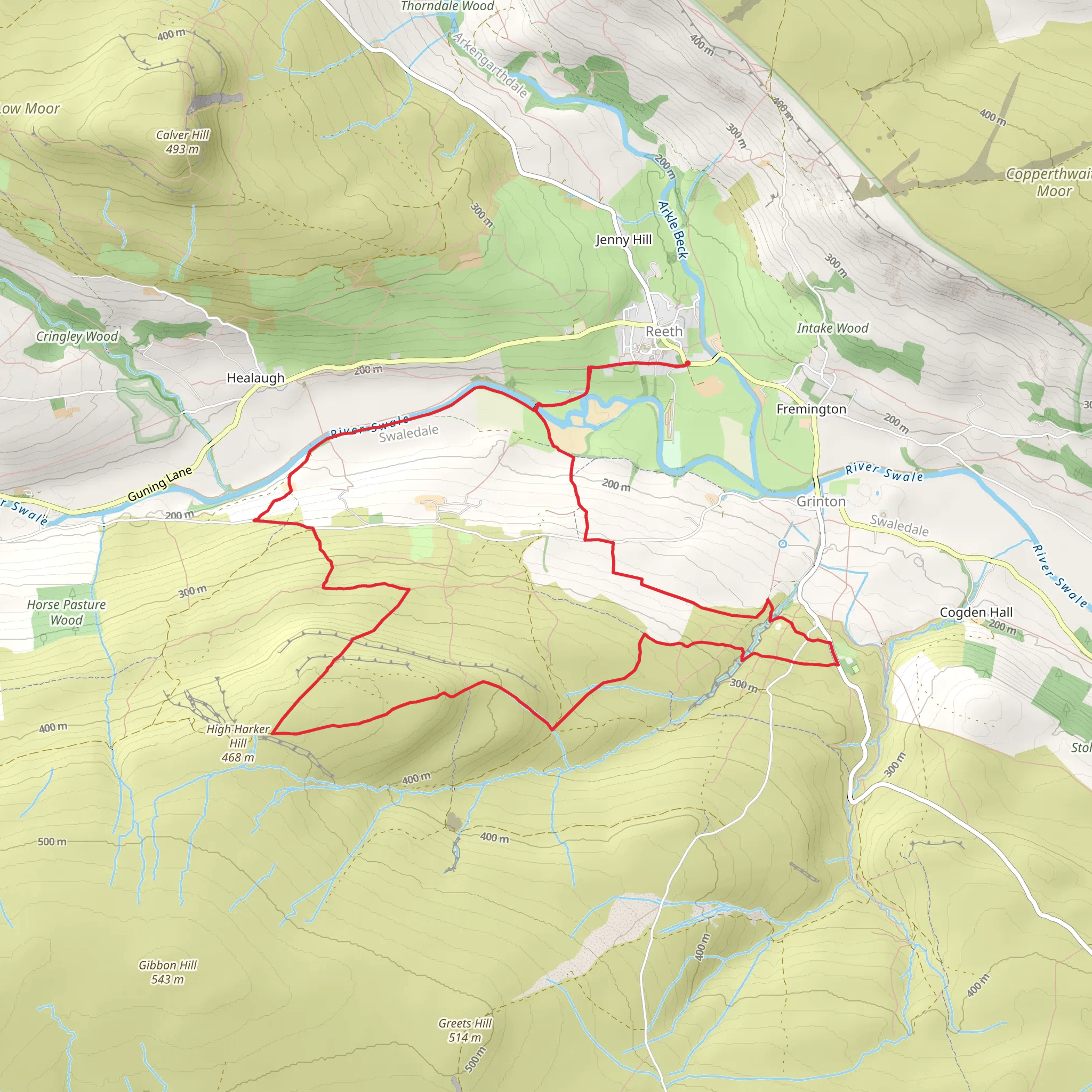 Reeth - River Swale - Maiden Castle - High Harker Hill and Grinton Lodge mobile static map