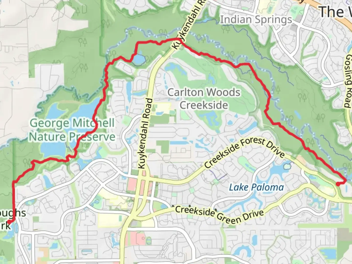 An image depicting the trail Spring Creek Nature Trail - Burroughs Park and its surrounding area.