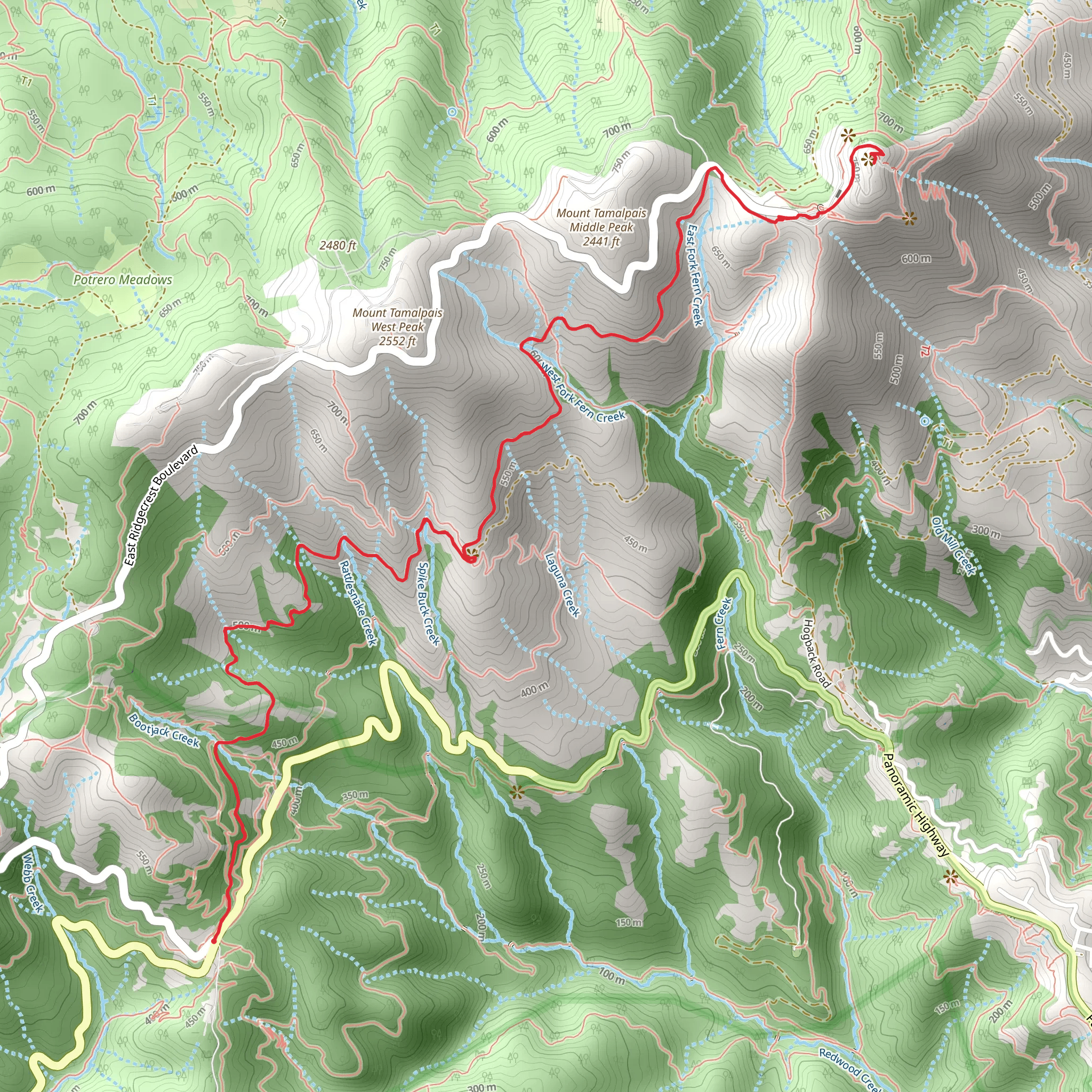 Mount Tamalpais East Peak and Mount Tamalpais West Point via Stagecoach Fire Road mobile static map