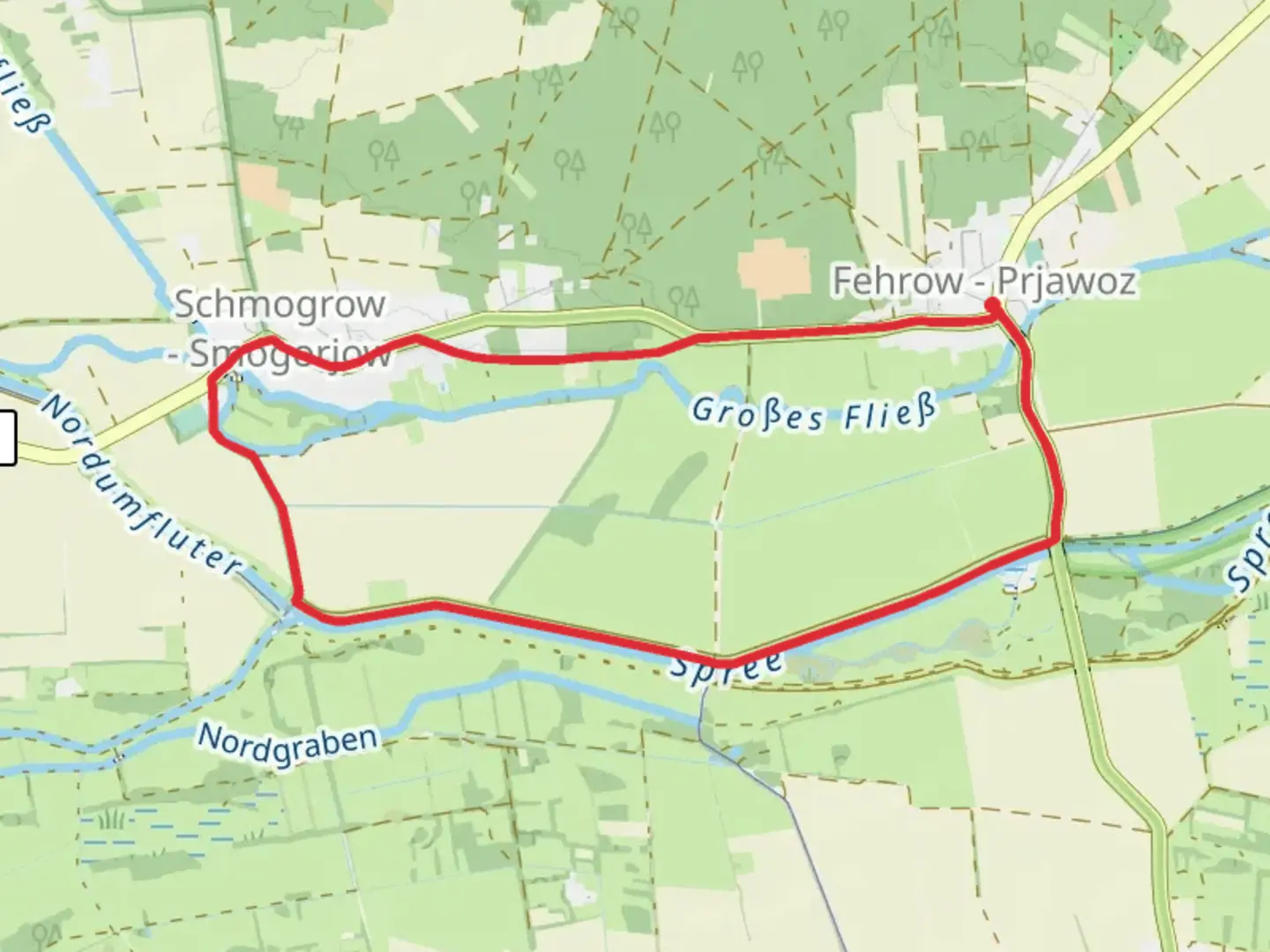 An image depicting the trail Spree via Rundwanderweg Schmogrow-Fehrow and its surrounding area.