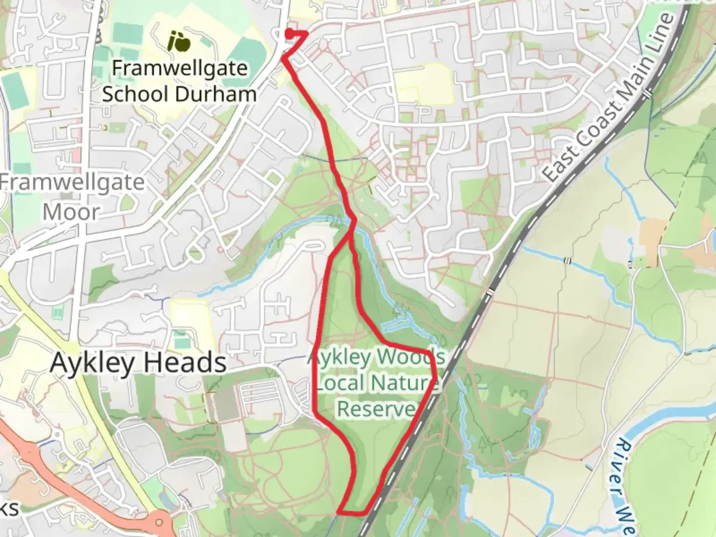 An image depicting the trail Aykley Wood Nature Reserve and its surrounding area.