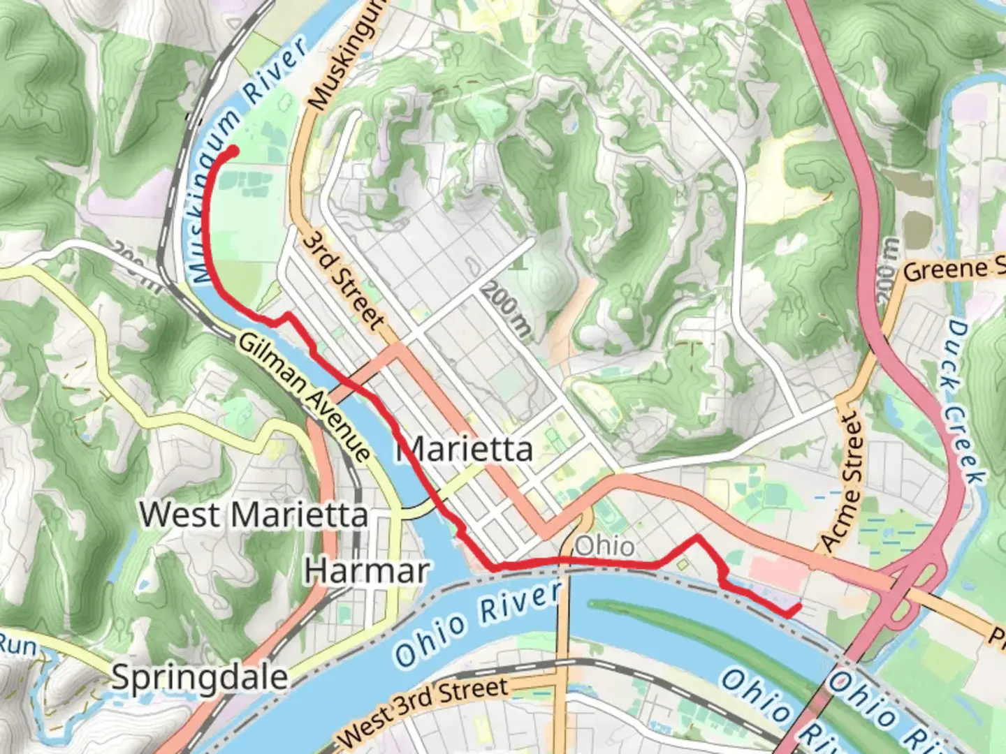 An image depicting the trail Muskingum River Walk and its surrounding area.