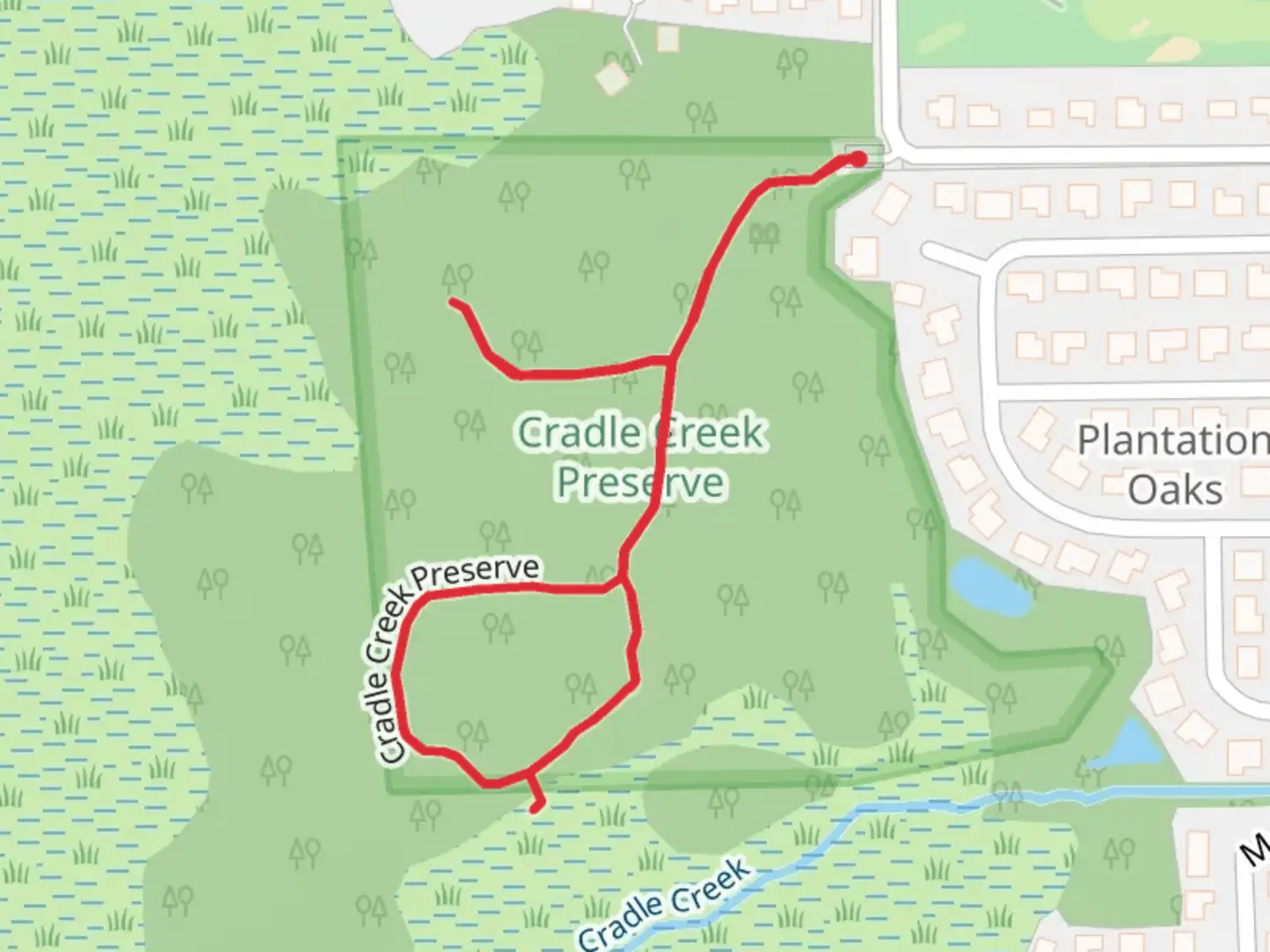 An image depicting the trail Cradle Creek Preserve Loop and its surrounding area.