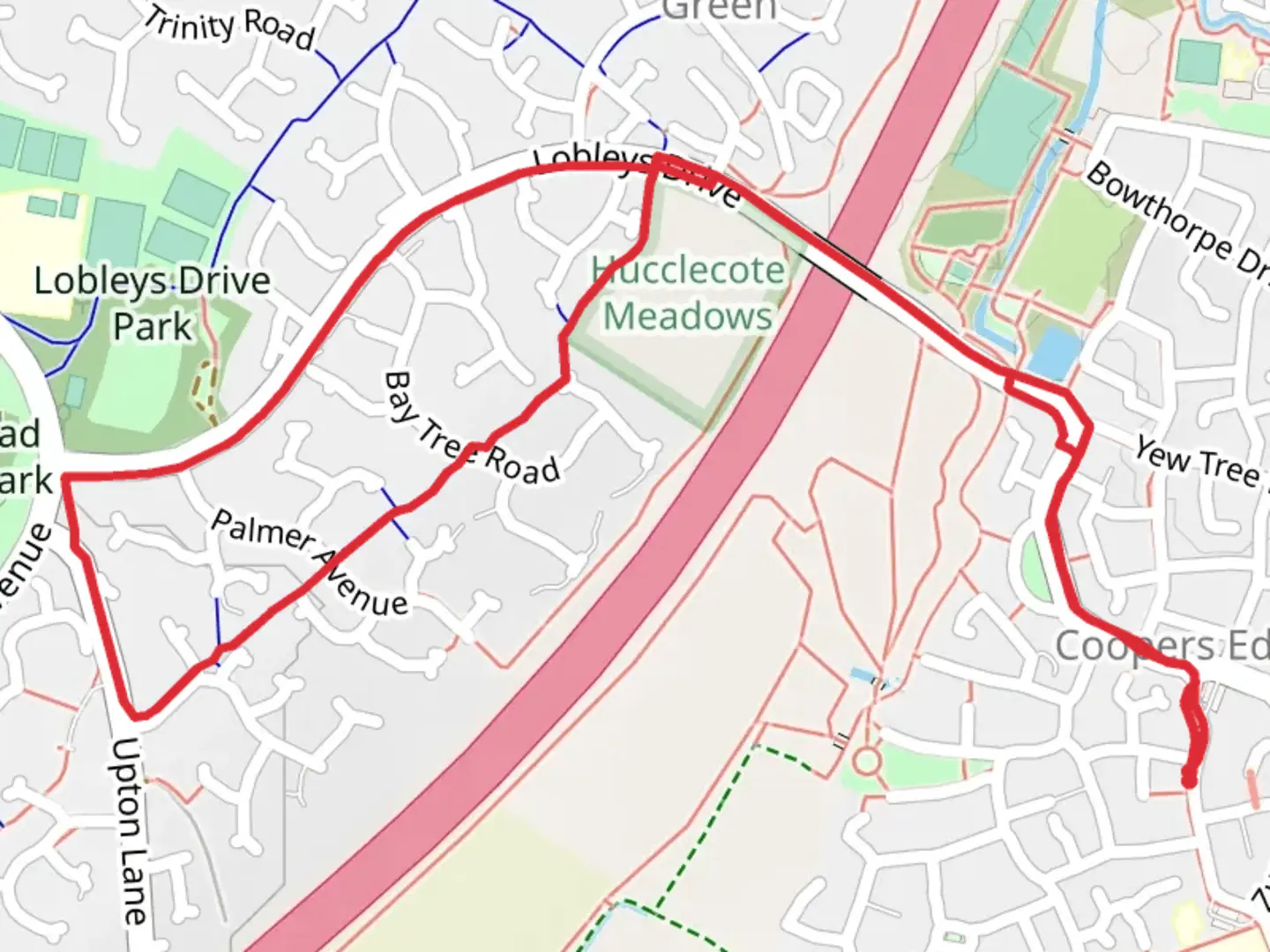 An image depicting the trail Hucclecote Meadows and its surrounding area.