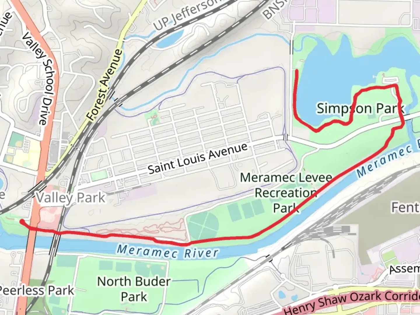 An image depicting the trail Simpson Park Lake - Meramec GreenwayOut and Back and its surrounding area.
