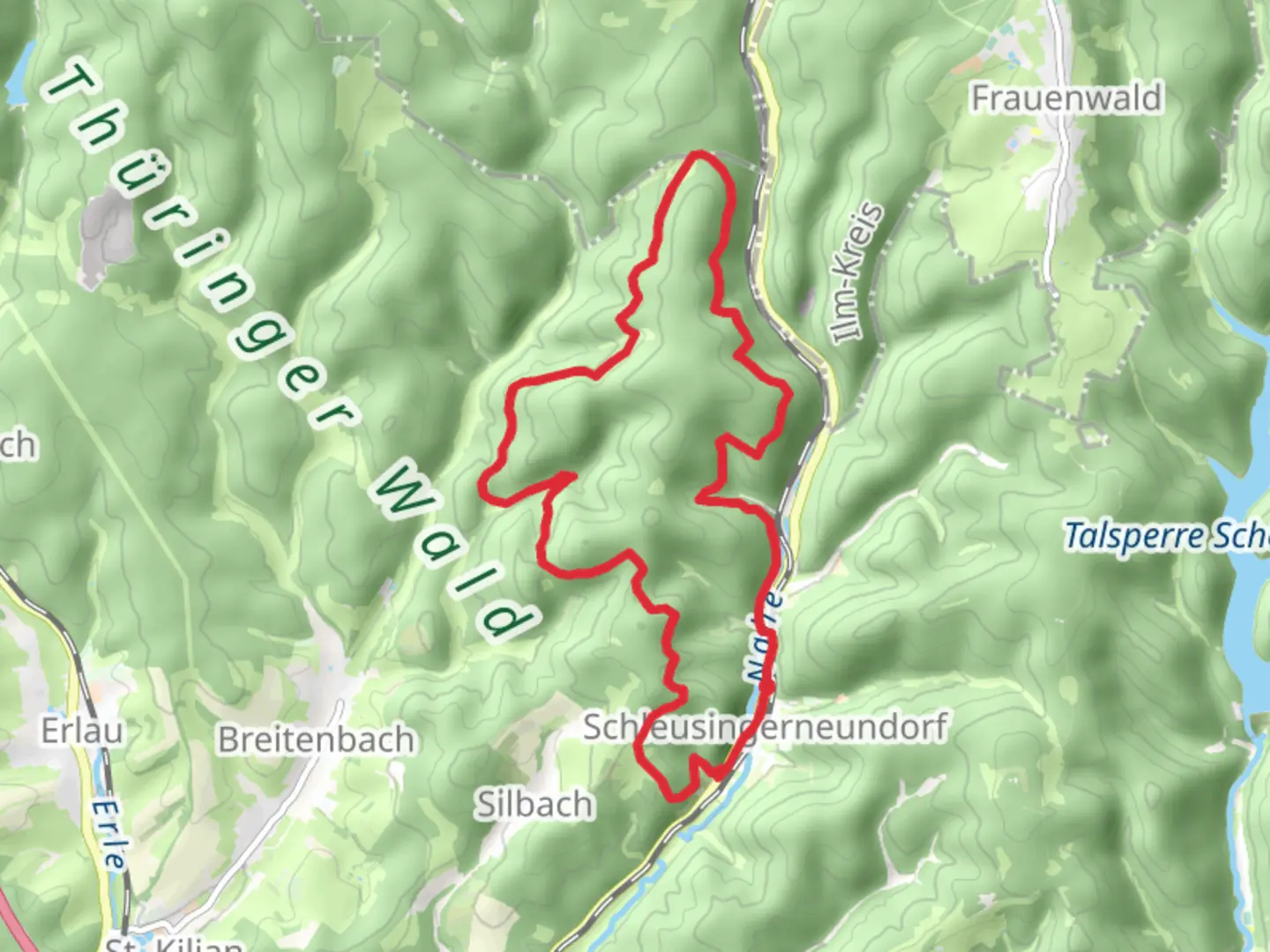 An image depicting the trail Schleusinger Neundorf Loop via NSG Thuringer Wald and its surrounding area.
