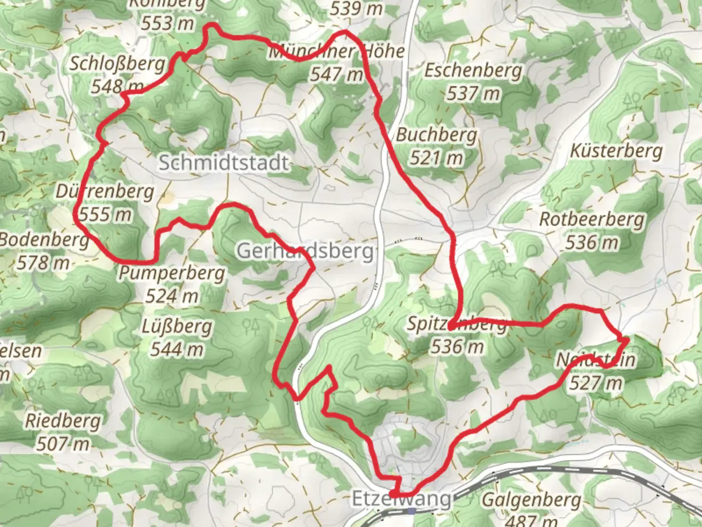 An image depicting the trail Burgen und Schloesser Weg and Etzelweg and its surrounding area.