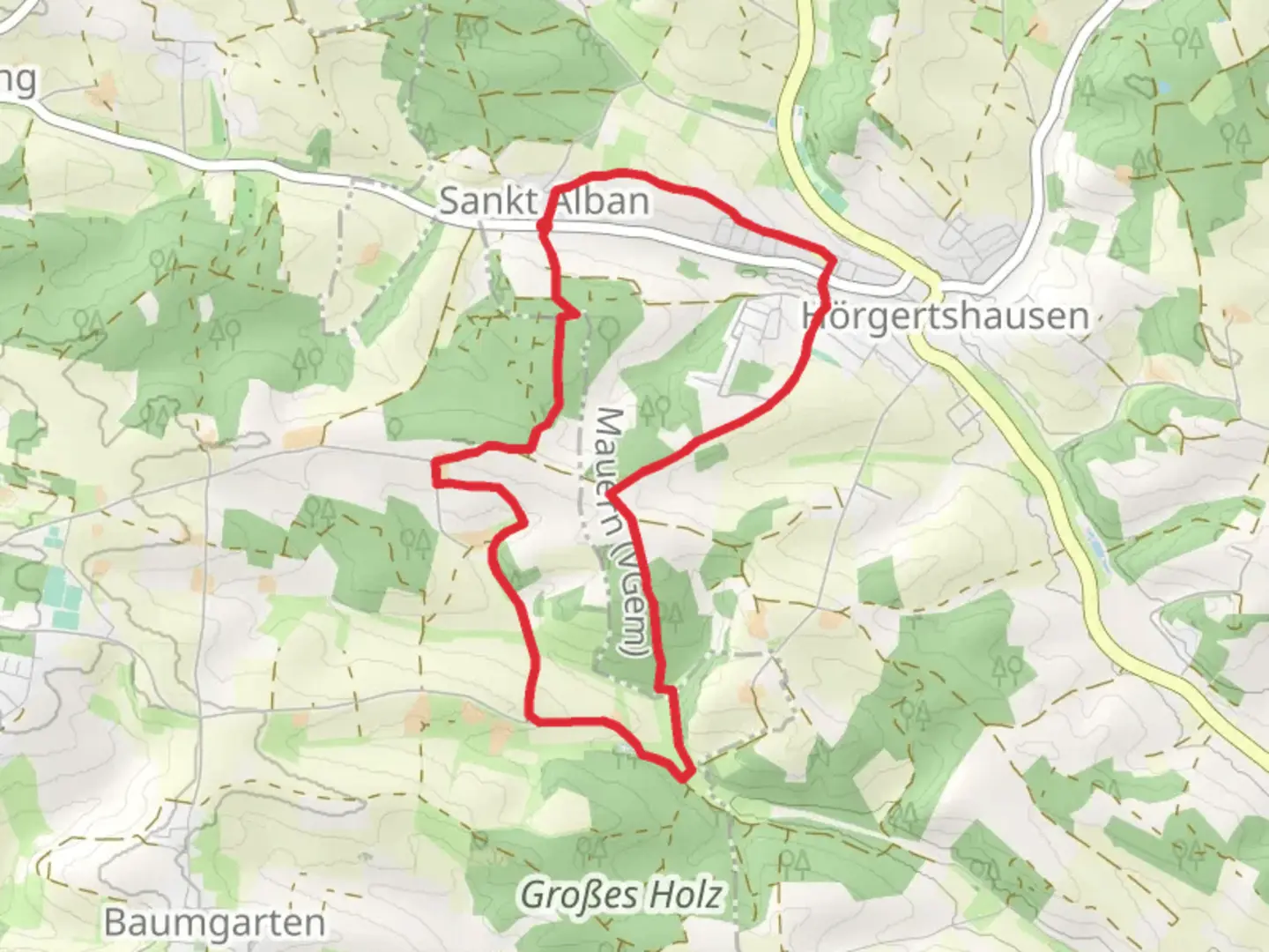 An image depicting the trail Albaner Holz Loop via Hörgertshausen and its surrounding area.
