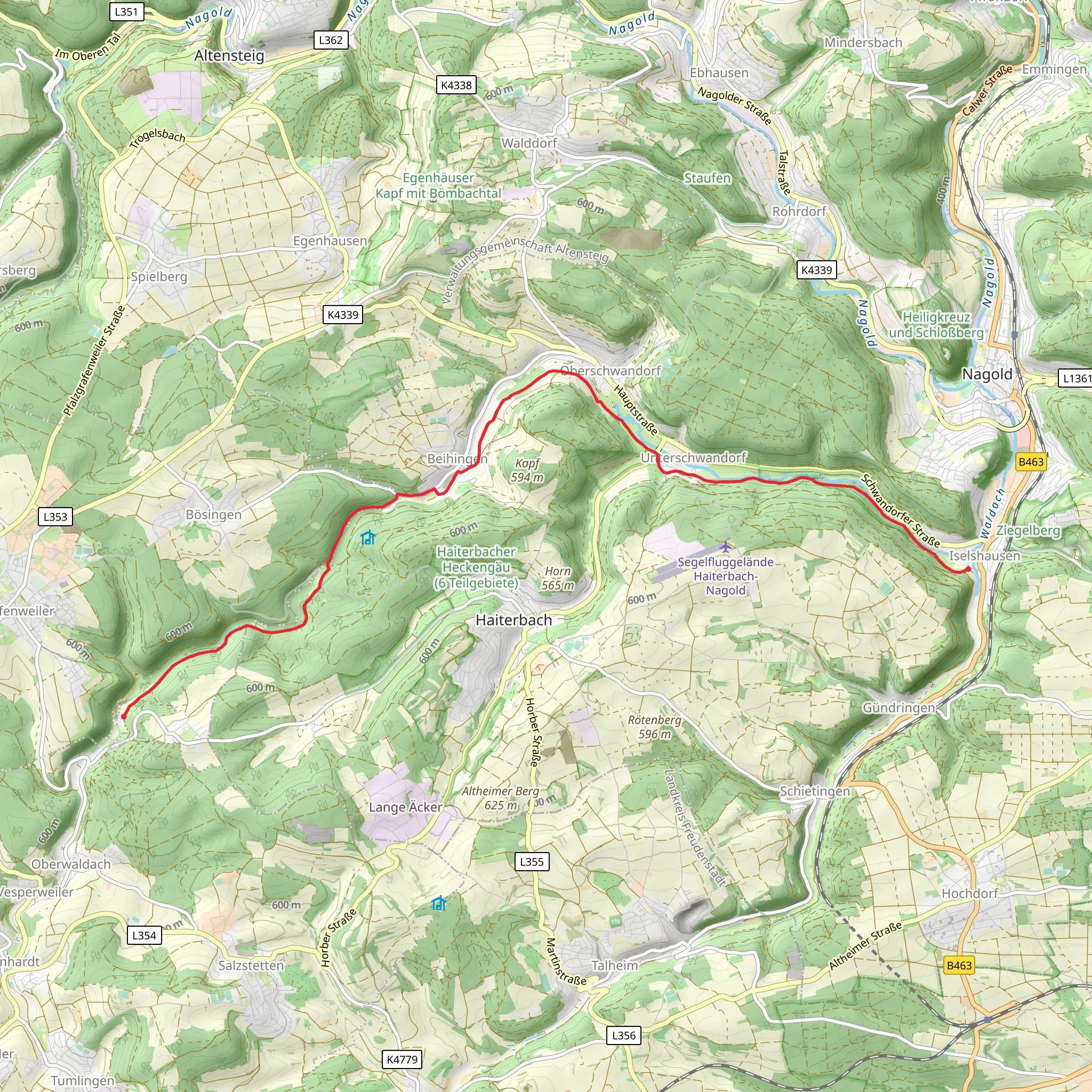 Hohe Fichten to Iselshausen via Doebele-Beihingen-Oberschwandorf mobile static map