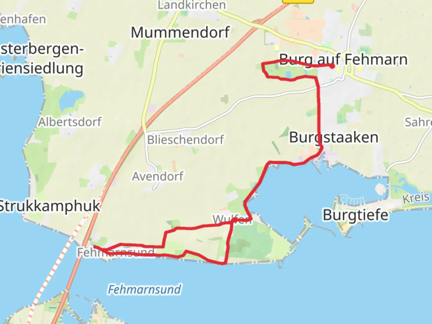 An image depicting the trail Burger See via Fehmarnsund and its surrounding area.