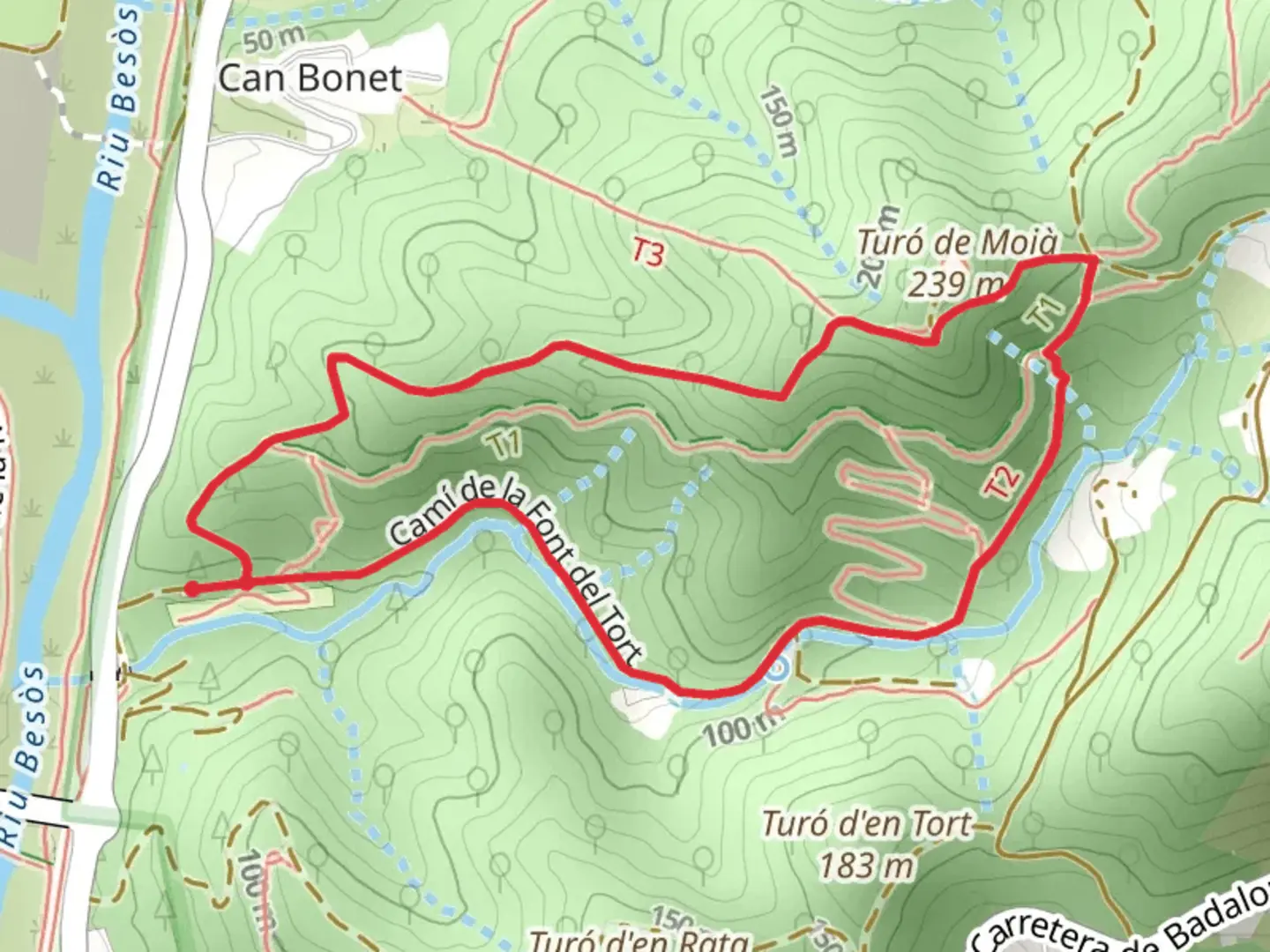 An image depicting the trail The Font del Tort SL C 148 and its surrounding area.