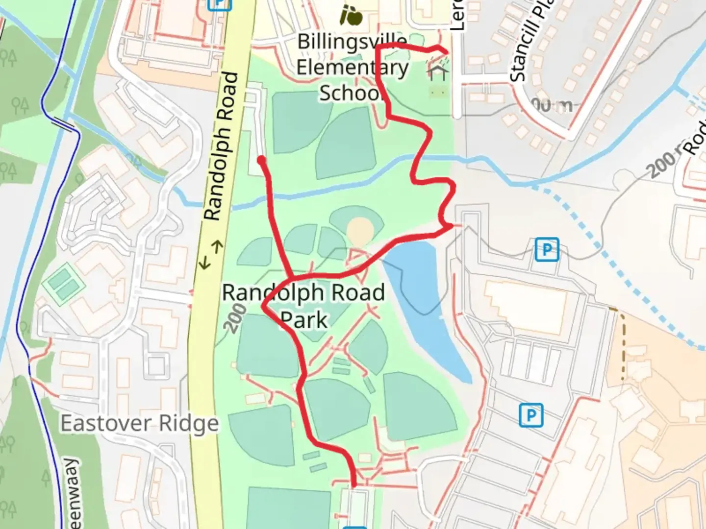 An image depicting the trail Randolph Road Park and Grier Heights Park Walk and its surrounding area.