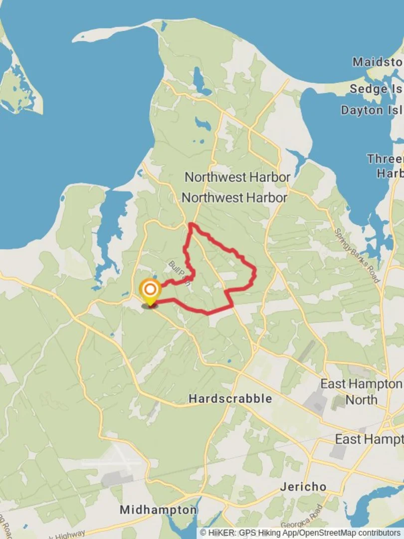 An image depicting the trail Fosters Path and Paumanok Path Loop from Two Holes Pond and its surrounding area.