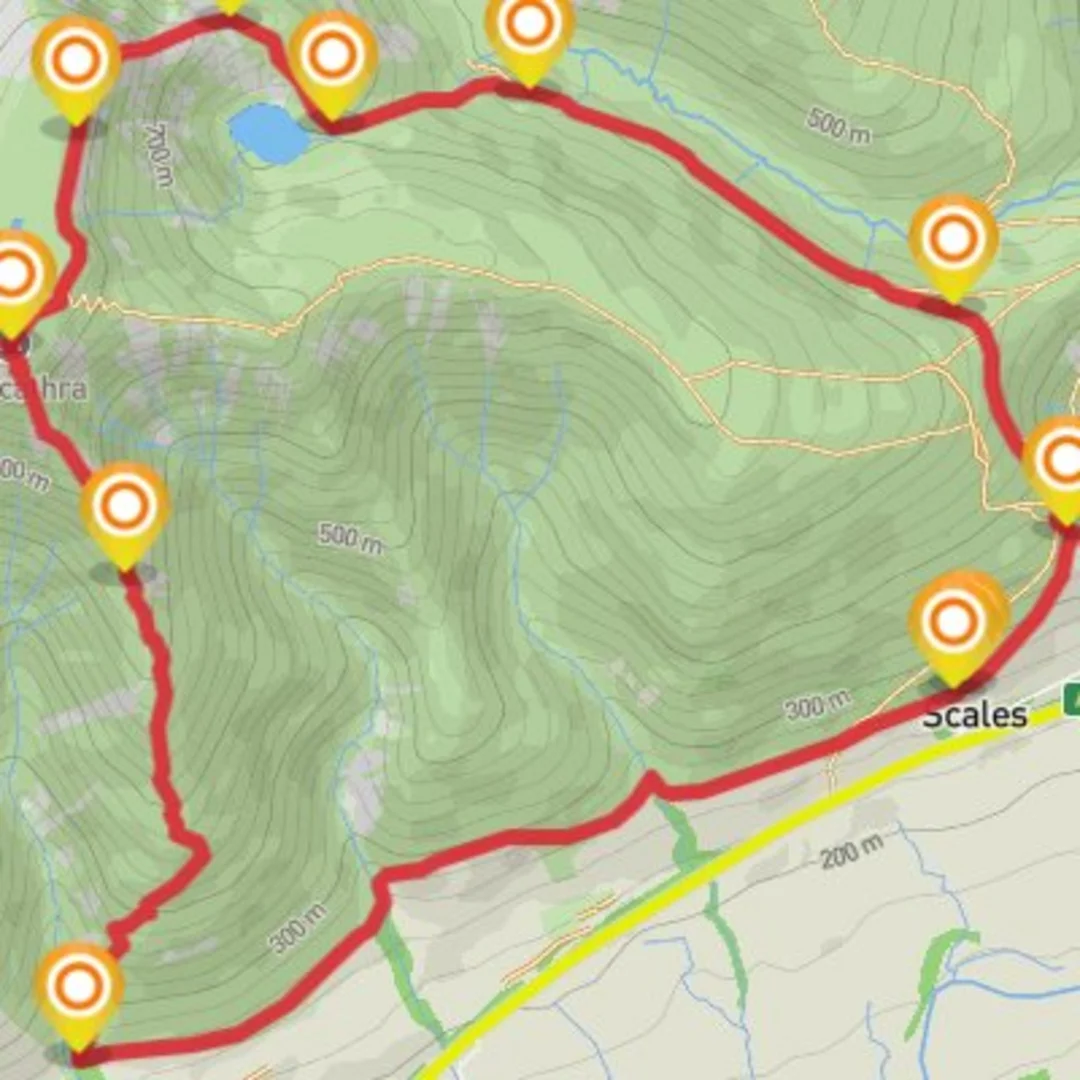 An image depicting the trail Blencathra via Sharp Edge and its surrounding area.