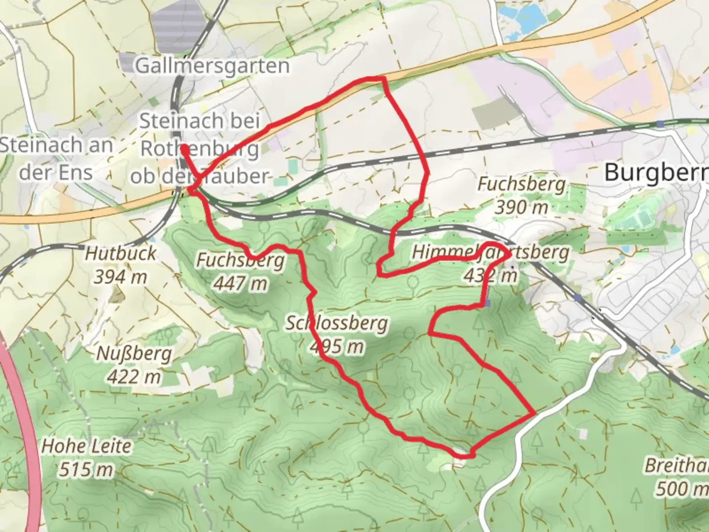 An image depicting the trail Himmelfahrtsberg via Bachstelze and its surrounding area.