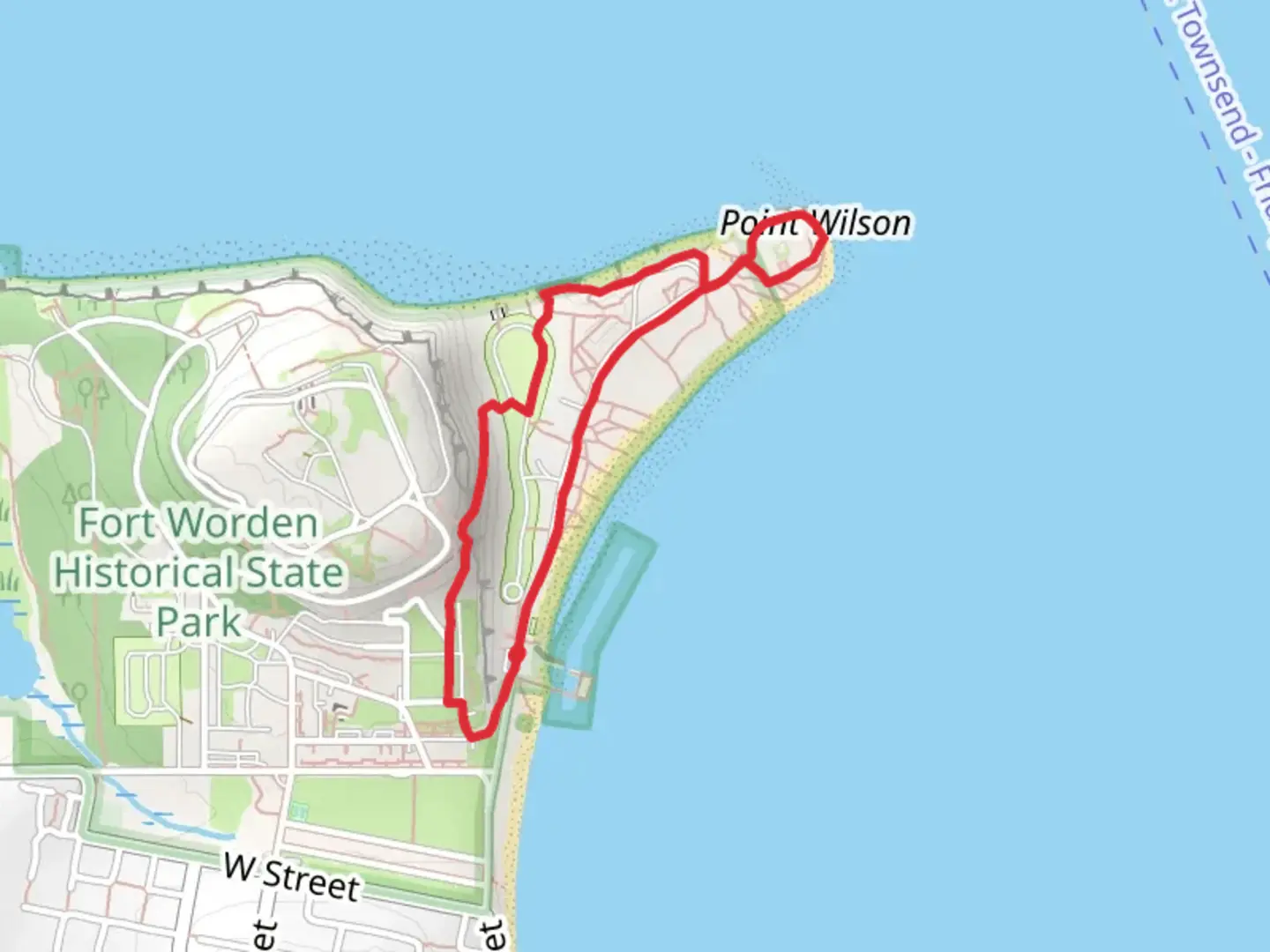 An image depicting the trail Bear Campground Trail and Point Wilson Lighthouse Loop and its surrounding area.