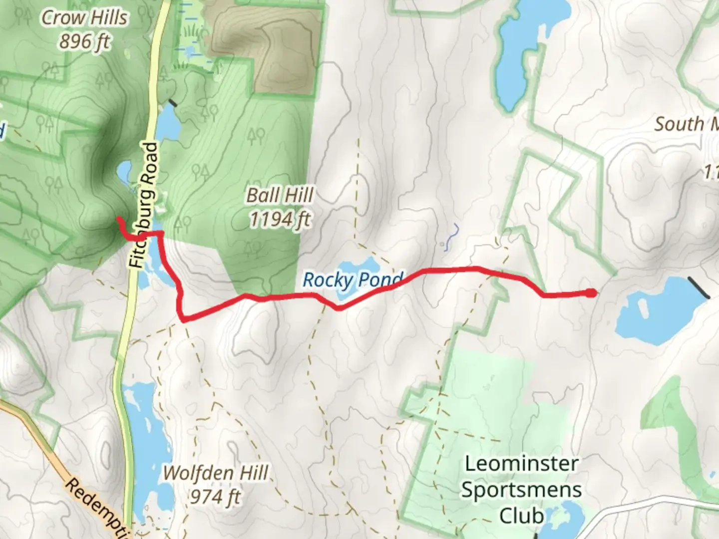 An image depicting the trail Rocky Pond and Crow Hill Pond and its surrounding area.