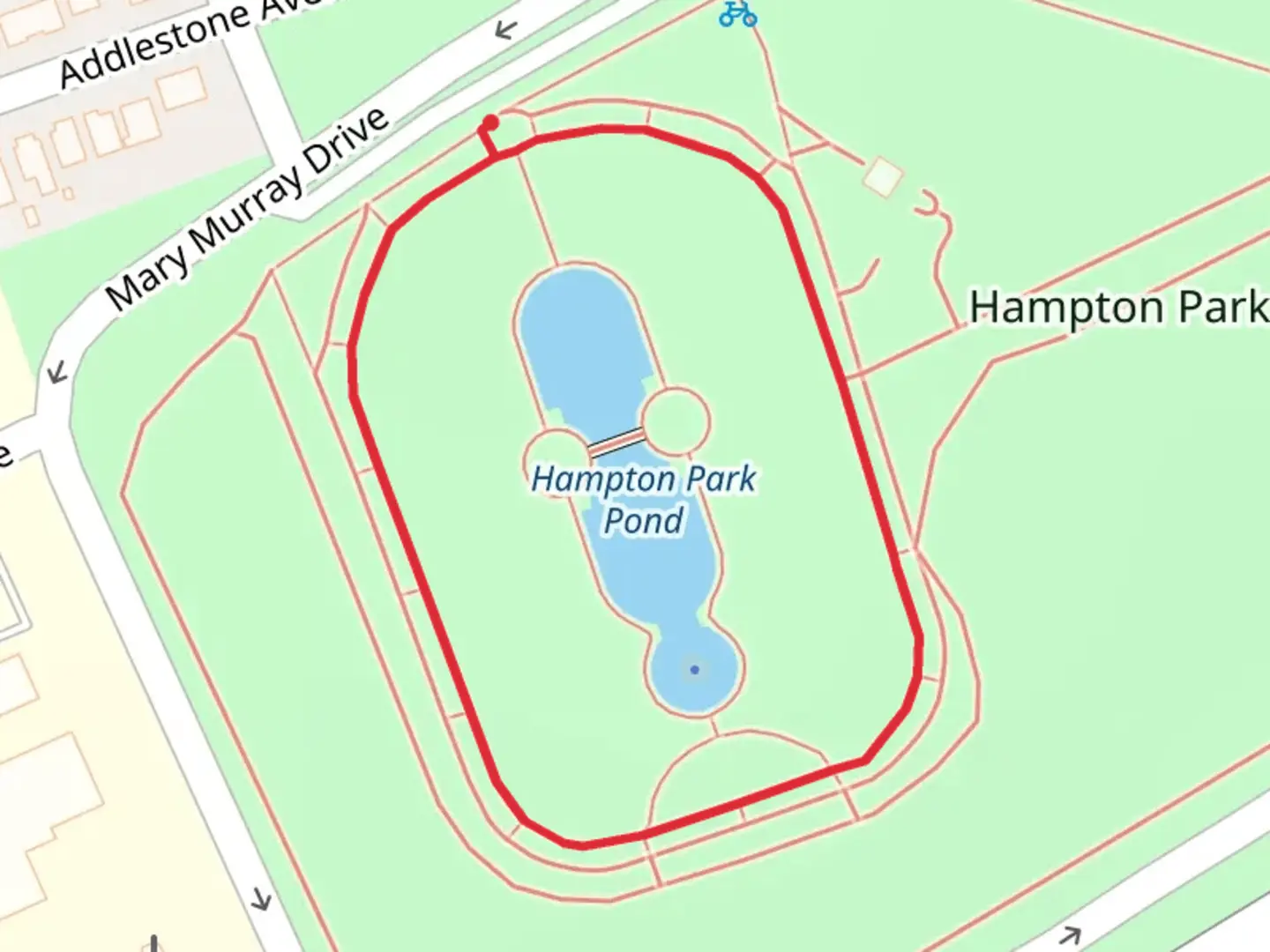 An image depicting the trail Hampton Park Pond Loop and its surrounding area.