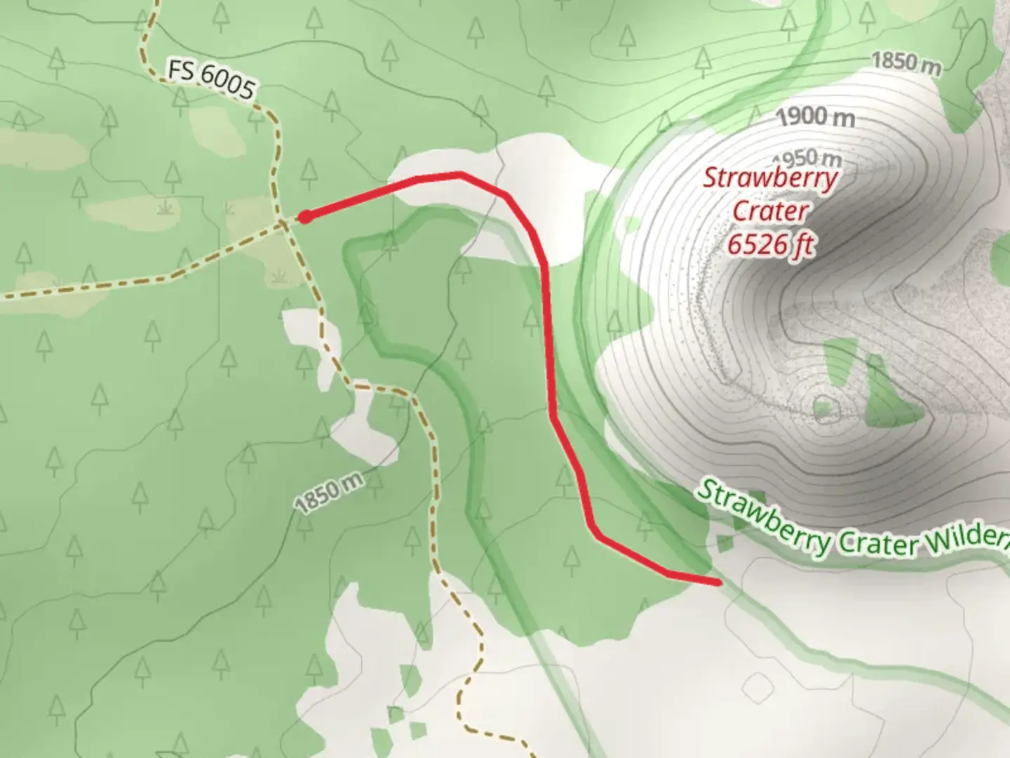 An image depicting the trail Strawberry Crater and its surrounding area.