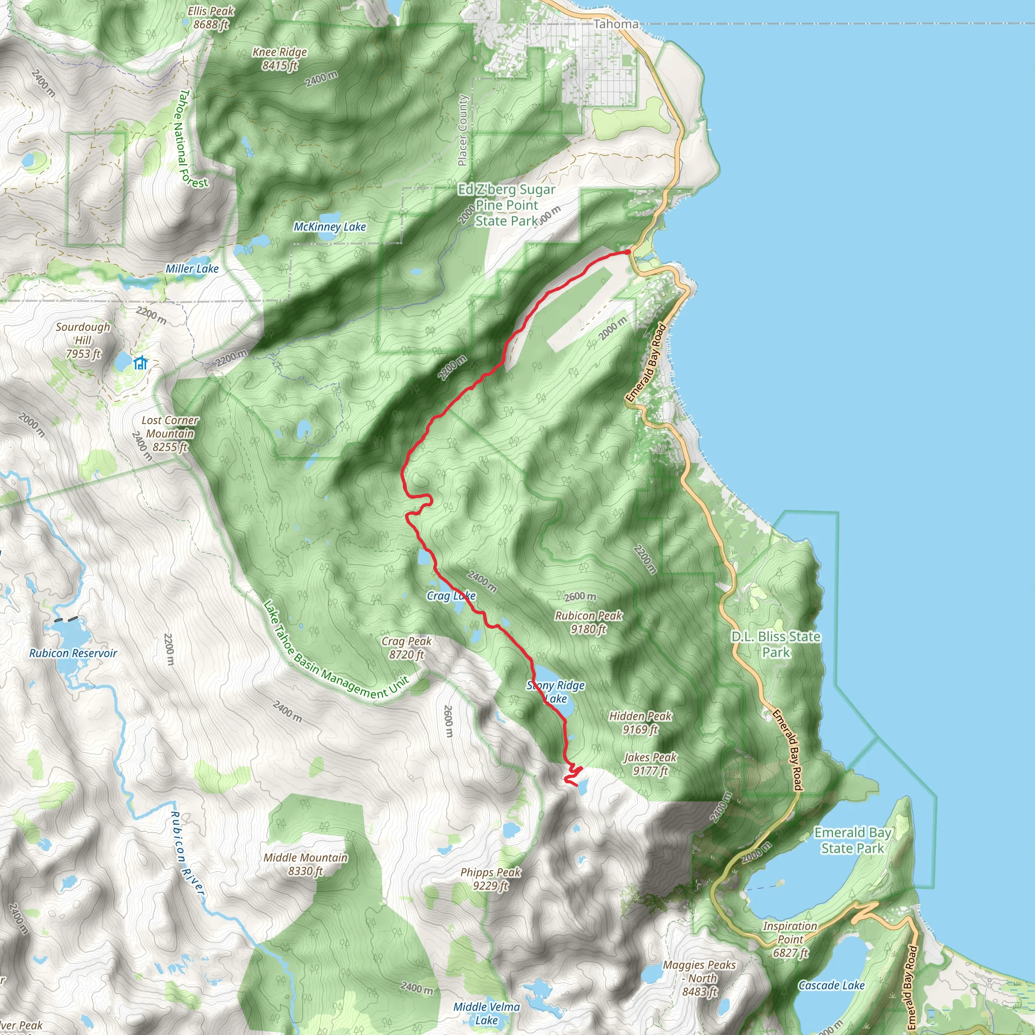 Genevieve, Crag, Stony Ridge and Rubicon Lakes via Tahoe Yosemite Trail mobile static map