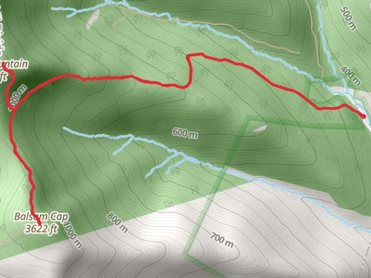 An image depicting the trail Friday Mountain and Balsam Cap Mountain via Moon Haw Road and its surrounding area.