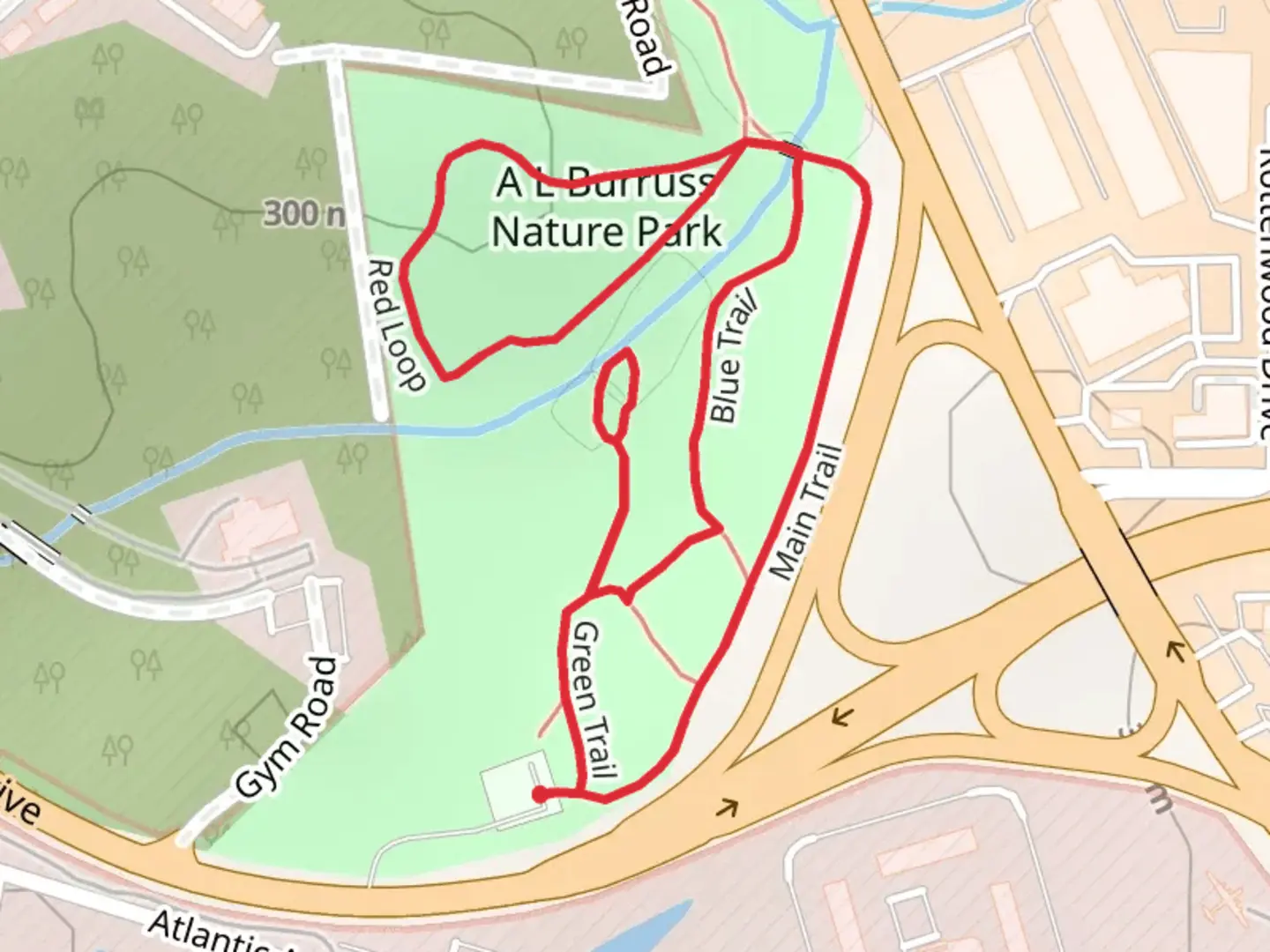An image depicting the trail Red-Green-Blue Loop and its surrounding area.