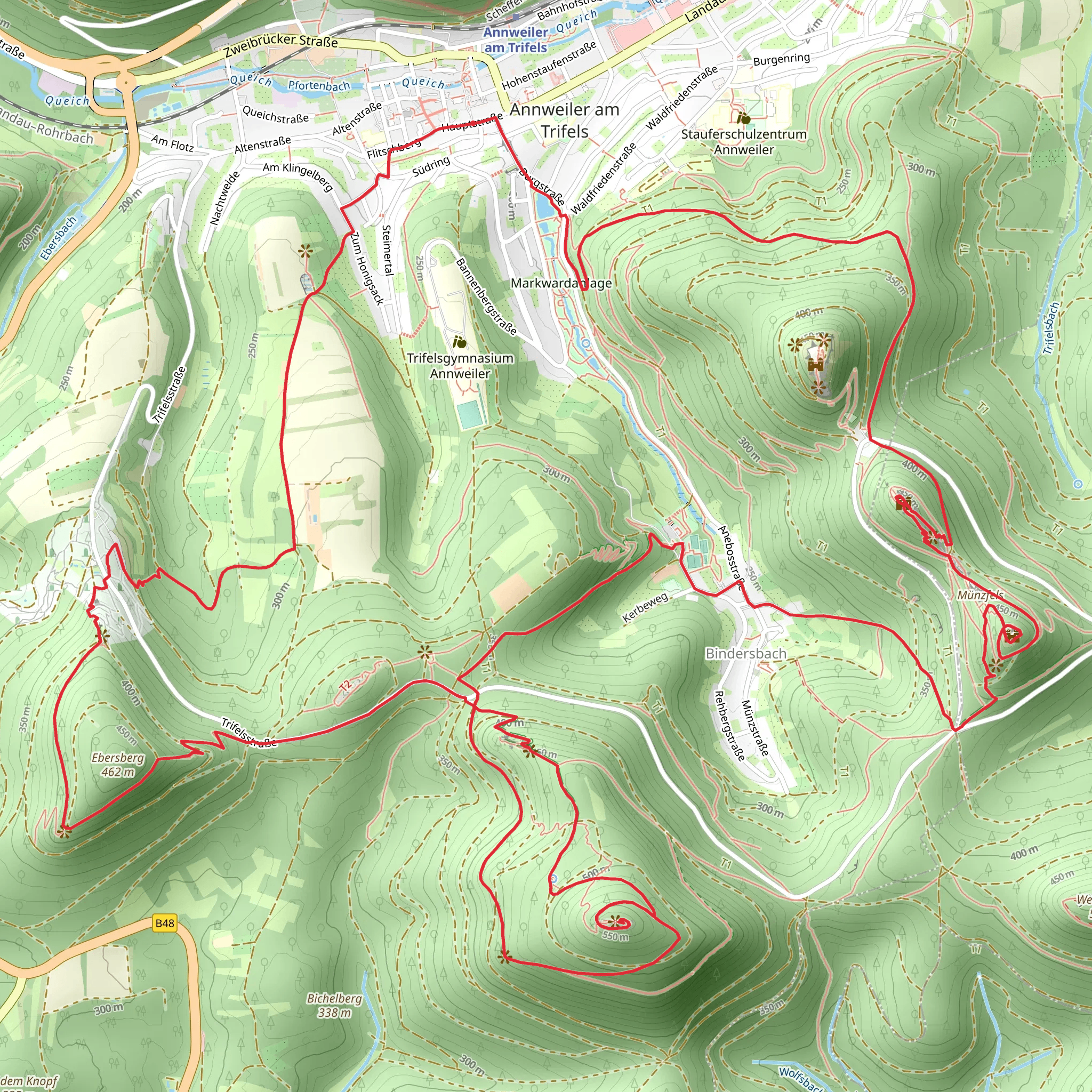 Annweiler and Bindersbach Loop via Ruine Scharfenberg and Ebersberg mobile static map