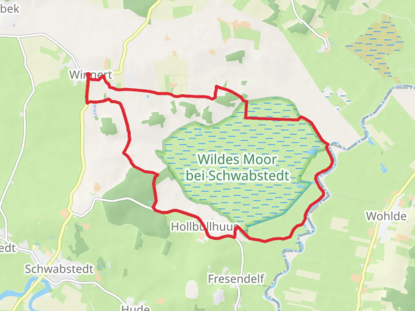 An image depicting the trail NSG Wildes Moor bei Schwabstedt Loop and its surrounding area.