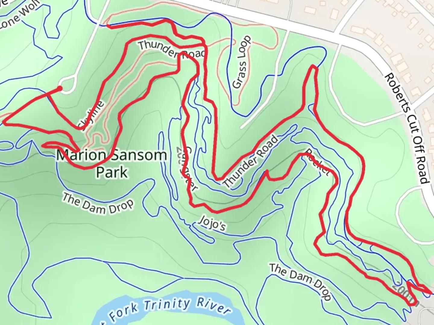 An image depicting the trail Thunder Road Loop and its surrounding area.