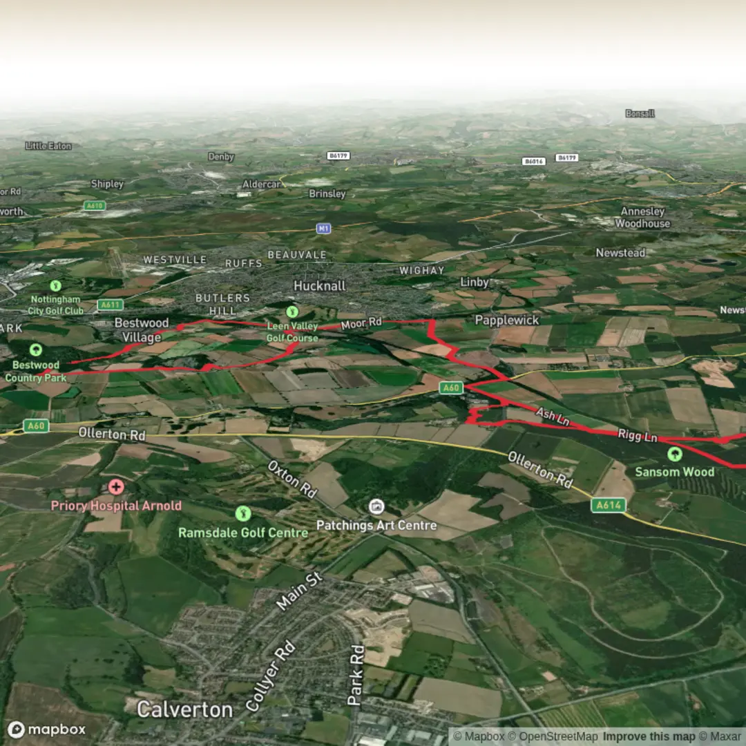 An image depicting the trail Burntstump Country Park, Seven Mile Wood and Warrenhill Plantation via Robin Hood Way and its surrounding area.