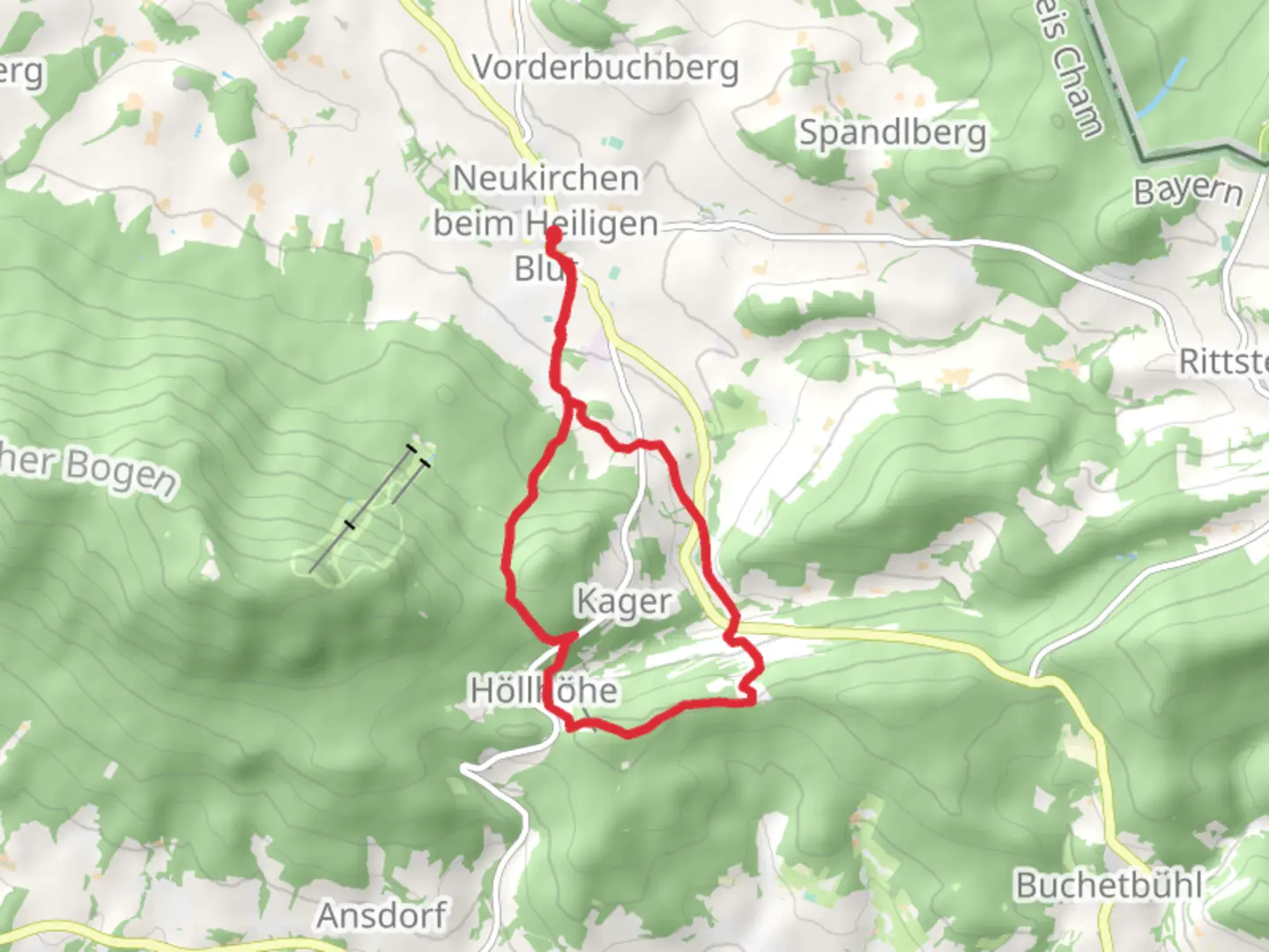 An image depicting the trail Baierweg and Hoellhoehweg and its surrounding area.
