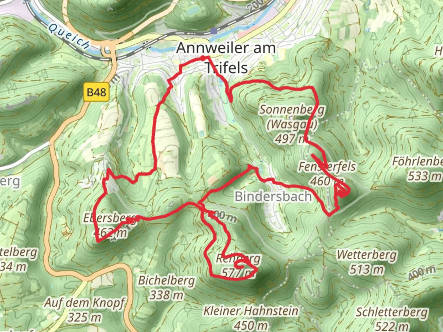 An image depicting the trail Annweiler and Bindersbach Loop via Ruine Scharfenberg and Ebersberg and its surrounding area.