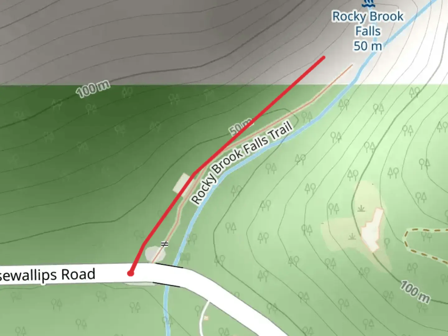 An image depicting the trail Rocky Brook Falls and its surrounding area.