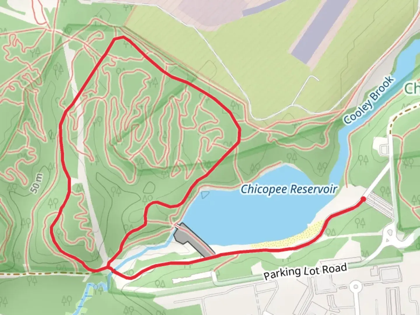 An image depicting the trail Loop along Chicopee Reservoir and its surrounding area.