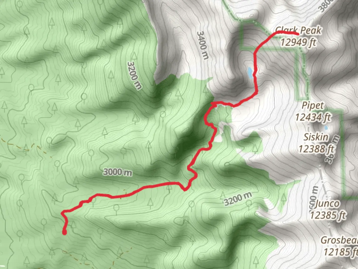 An image depicting the trail Clark Peak and Jewel Lake via Ruby Jewel Road and its surrounding area.