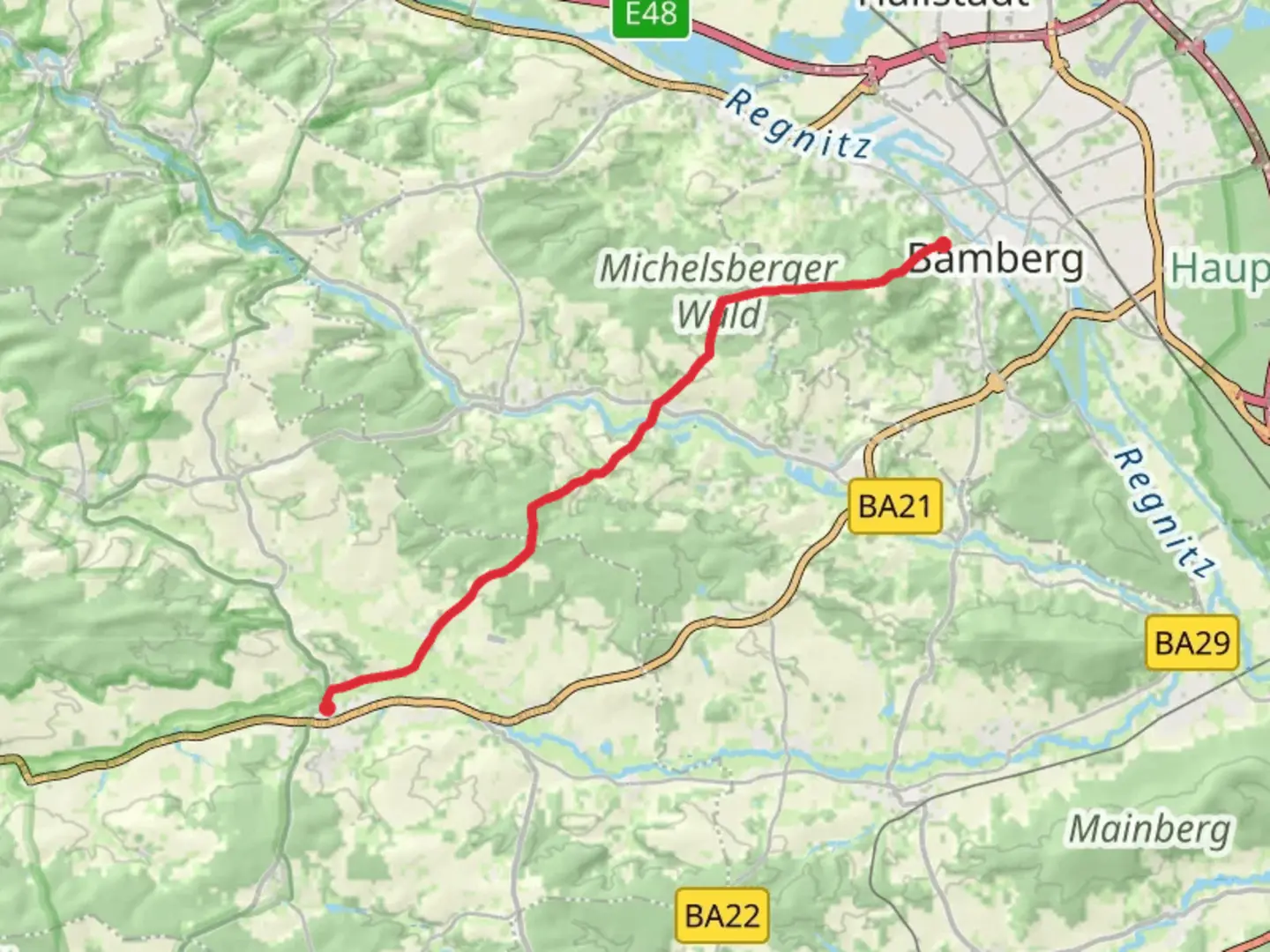 An image depicting the trail Burgebrach to Bamberg via Kunigundenweg and its surrounding area.
