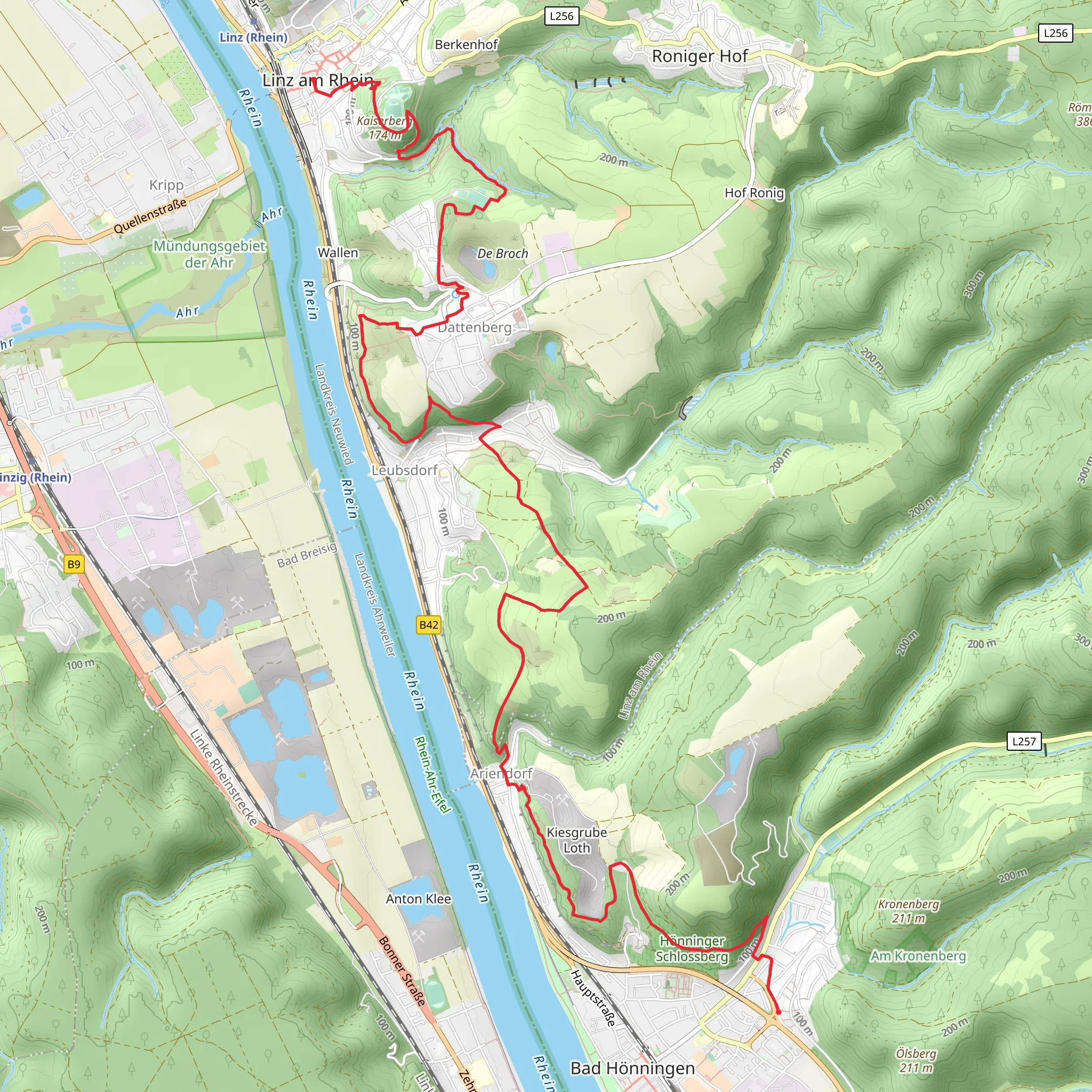 Linz am Rhein to Bad Hoenningen via Mitten am Rhein and Naturpark Weitblick Dattenburg mobile static map