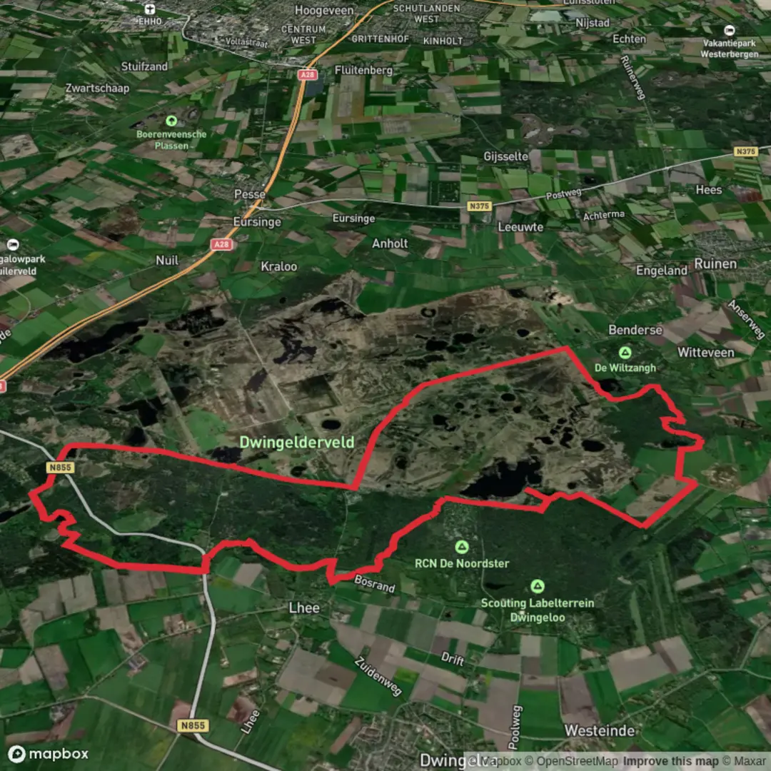 An image depicting the trail Dwingeloosche Heide, Anserdennen and Davidsplassen Loop and its surrounding area.