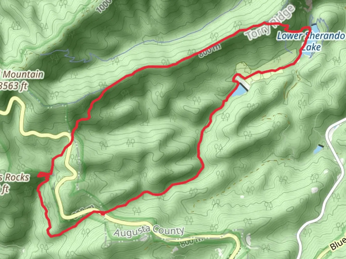An image depicting the trail White Rock Falls, Torry Ridge and Upper Sherando Lake Loop Trail and its surrounding area.