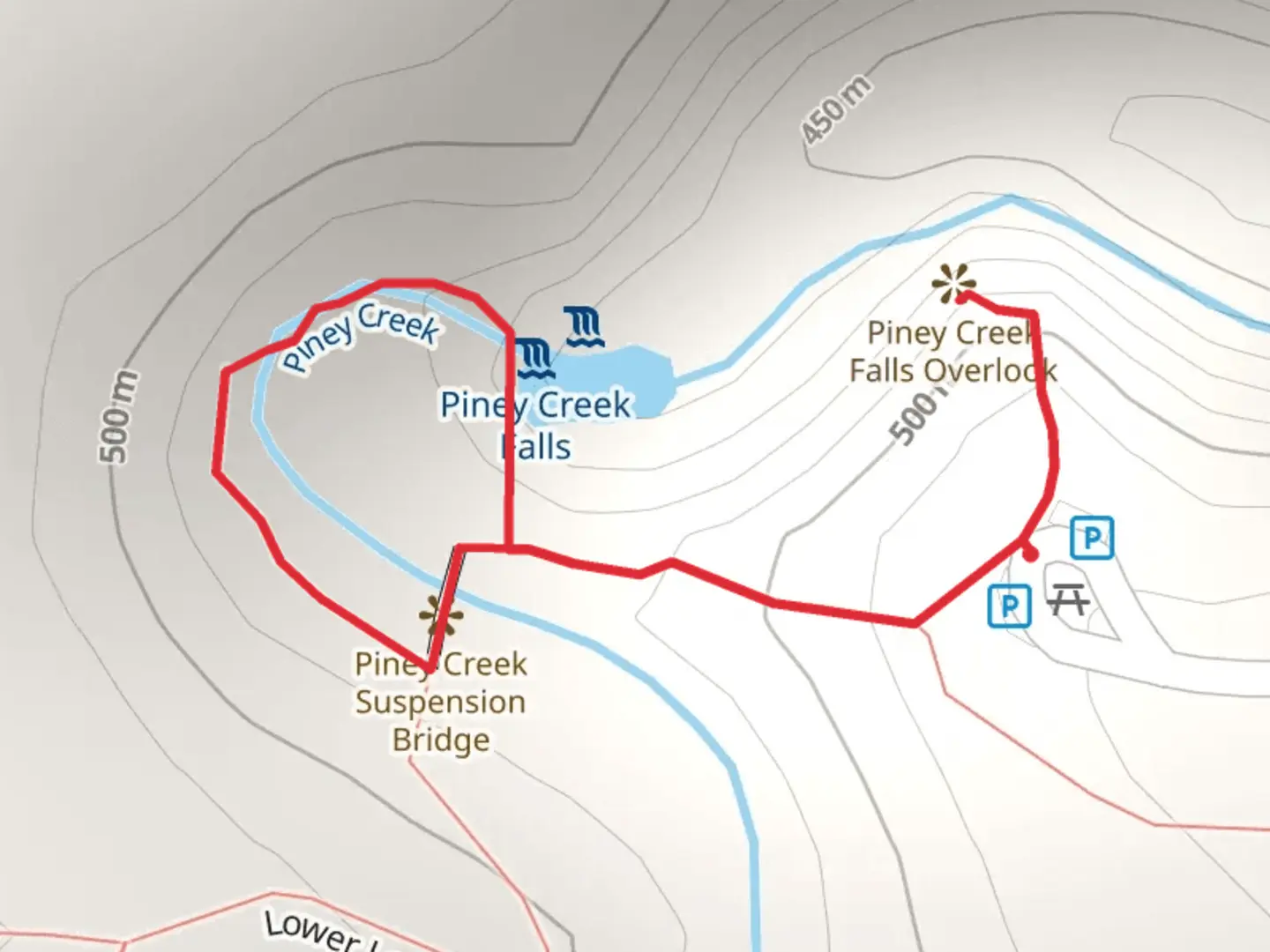 An image depicting the trail Piney Creek Falls and its surrounding area.