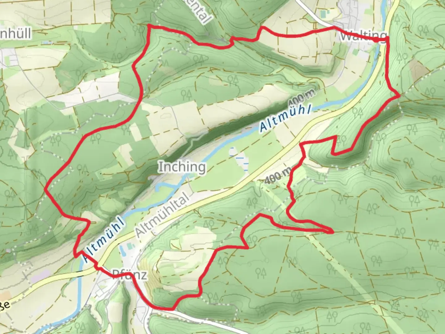 An image depicting the trail Walting to Pfunz Loop via Mammulhohle and its surrounding area.