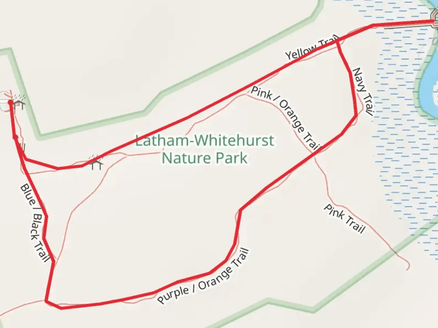 An image depicting the trail Latham-Whitehurst Nature Park Loop and its surrounding area.