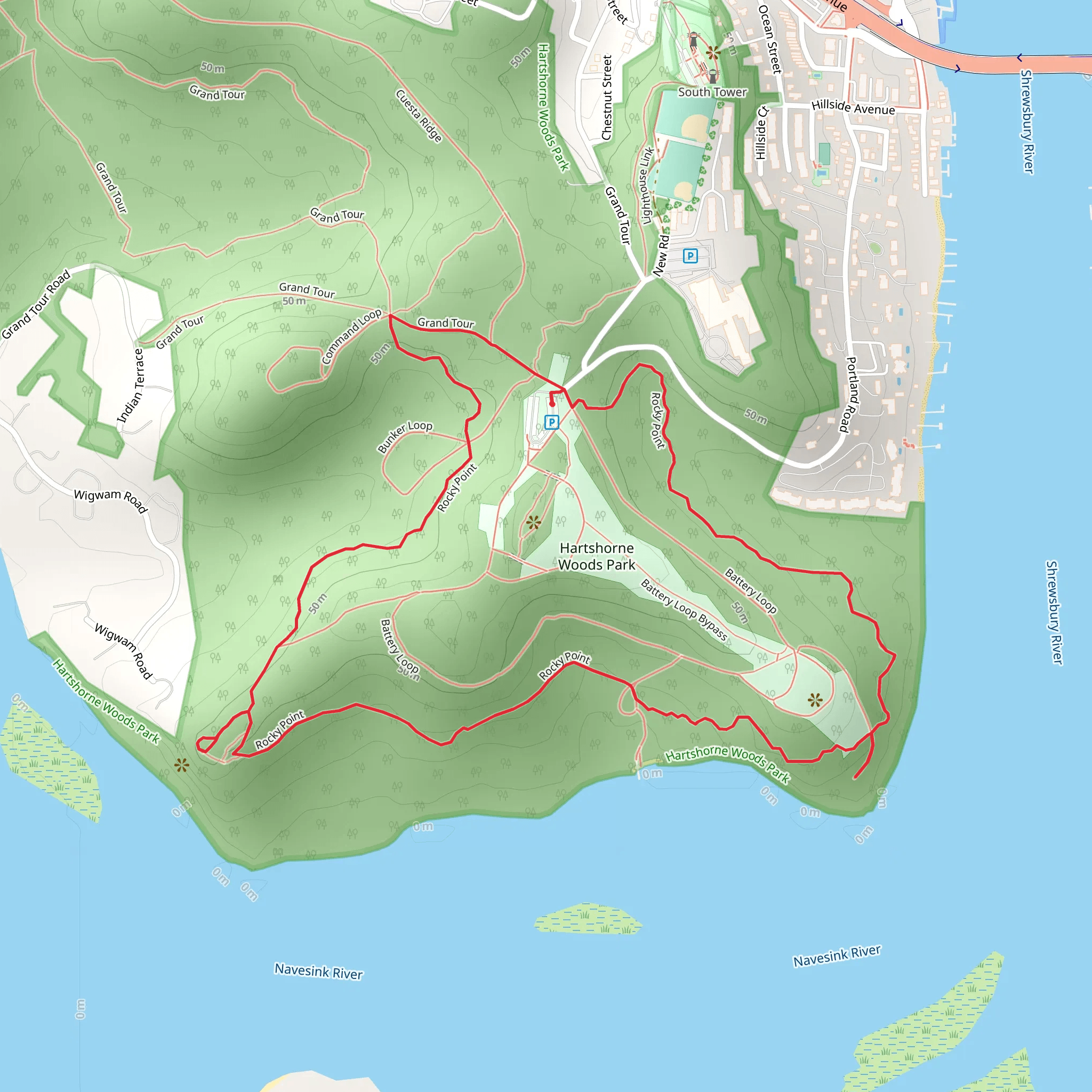 Upper and Lower Rocky Point - Hartshorne Woods Park Loop mobile static map