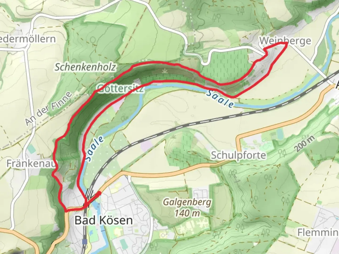 An image depicting the trail Bad Kösen to Weinberge Loop via Göttersitz and its surrounding area.