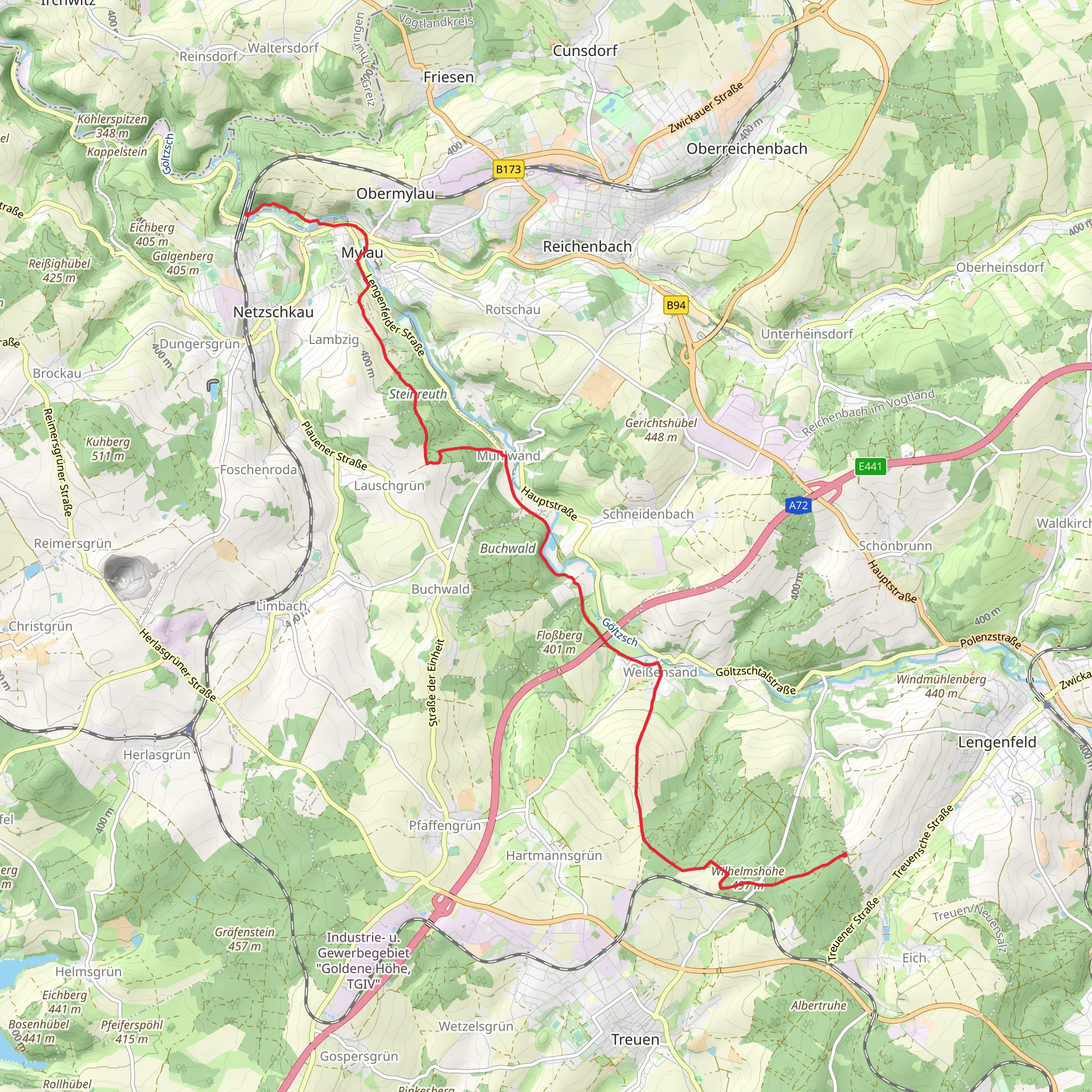 Siedlung to Goeltzschtal Bruecke via Vogtland Panorama Weg mobile static map